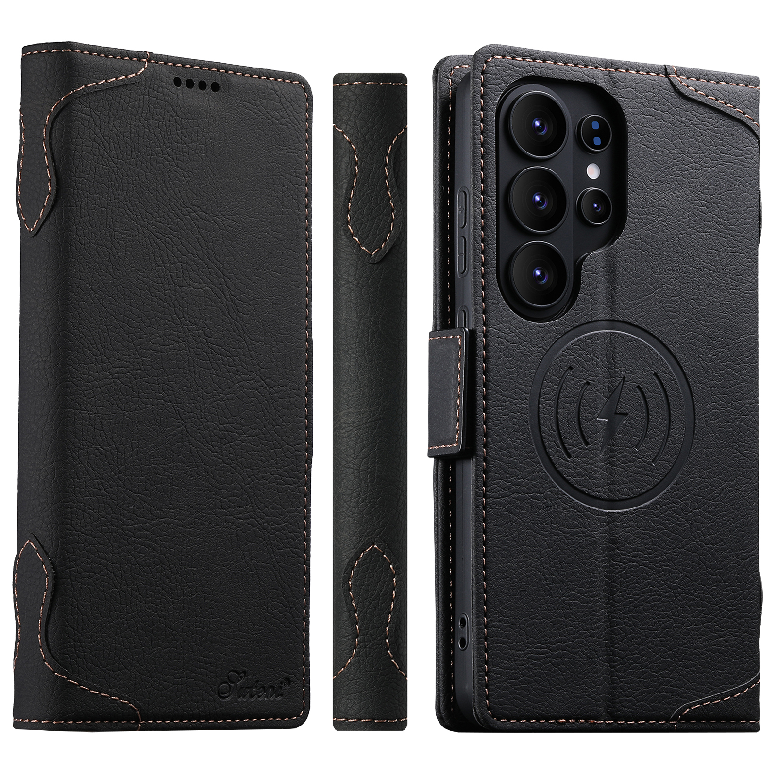 SUTENI J07 Wireless Charging Faux Leather Card Holder Stand Wallet Magnetic Button Flip Cover Phone Case For Samsung Galaxy S26 Ultra S25 S24 S23 S22