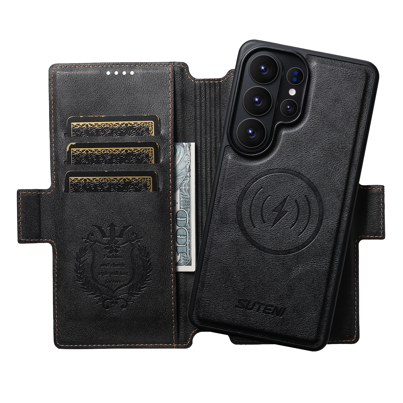 SUTENI Q07 Faux Leather Wireless Charging Card Holder Stand Wallet Magnetic Flip Cover Phone Case For Samsung Galaxy S26 Ultra S25 S24 S23 S22