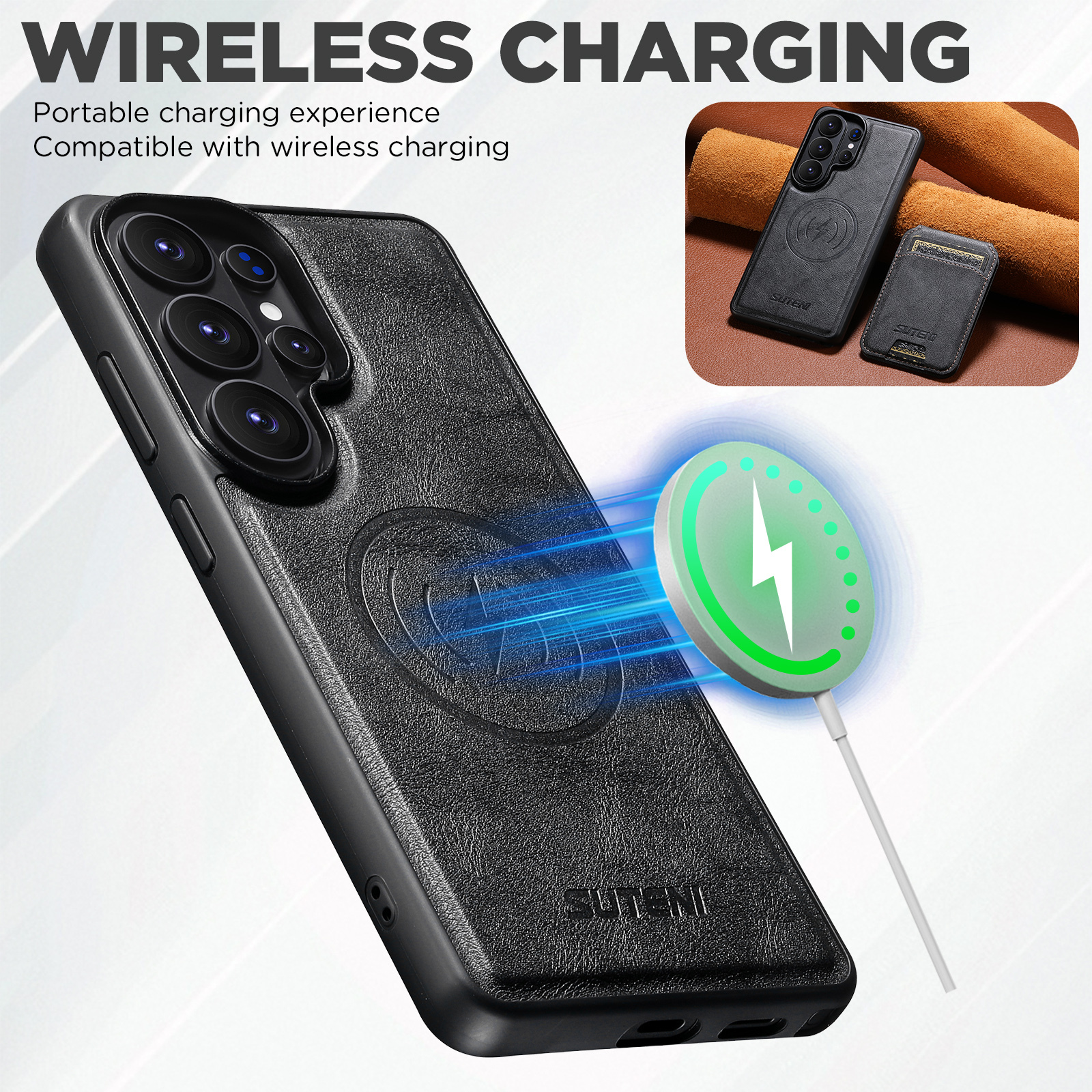 SUTENI M5 Magnet Wireless Charging Faux Leather Phone Case Card Holder Stand For Samsung Galaxy S26 Ultra S25 S24 S23 S22