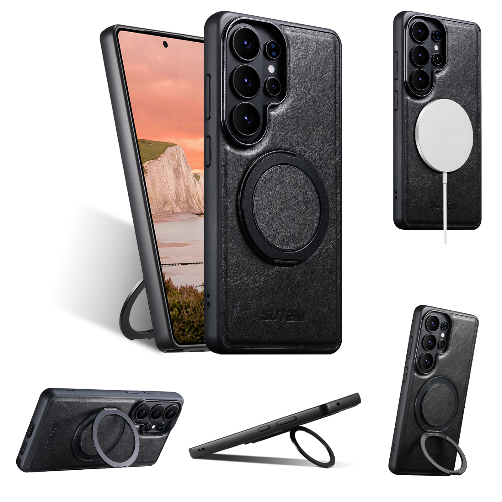 SUTENI G3YL Magnet Wireless Charging Phone Case Oil Wax Faux Leather 360° Rotating Stand Buckle For Samsung Galaxy S26 Ultra S25 S24 S23 S22