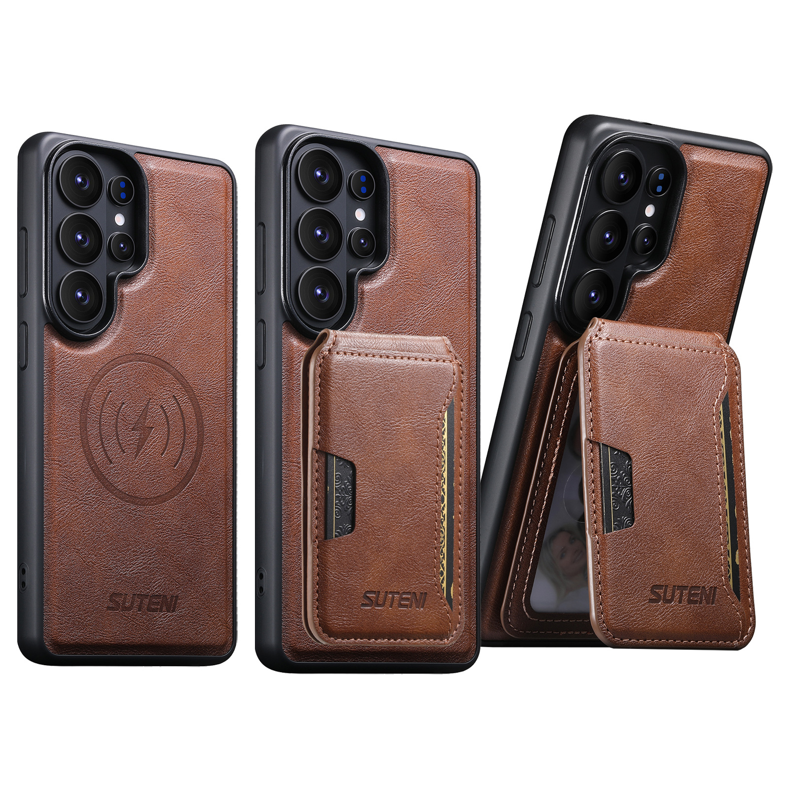 SUTENI M3 Wireless Charging Magnet Faux Leather Phone Case Card Holder Stand Smooth Surface Wallet 2-in-1 For Samsung Galaxy S26 Ultra S25 S24 S23 S22