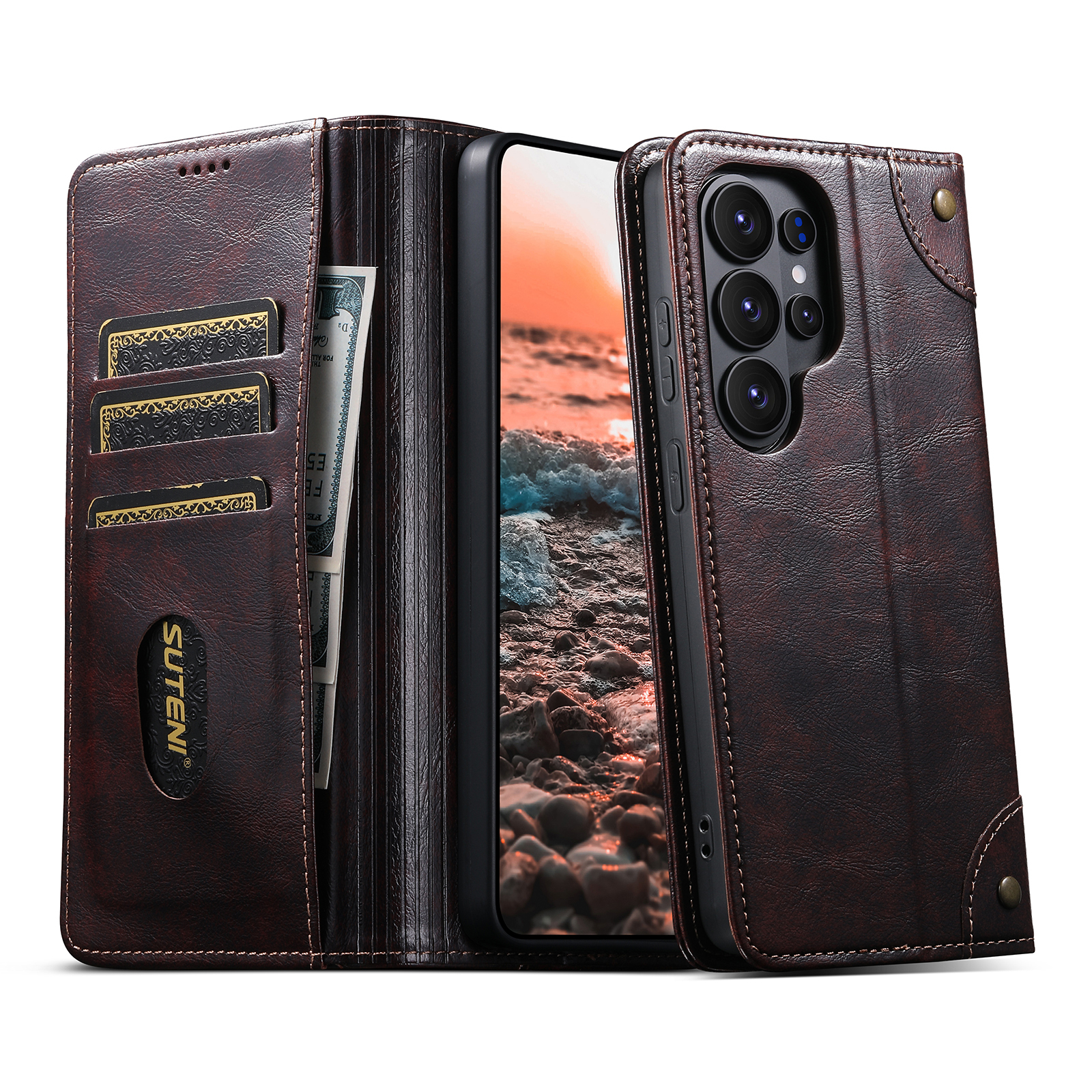 SUTENI BLK Phone Case Faux Leather Card Holder Stand Wallet Magnet Flip Cover For Samsung Galaxy S26 Ultra S25 Plus S24 S23 S22 Note20
