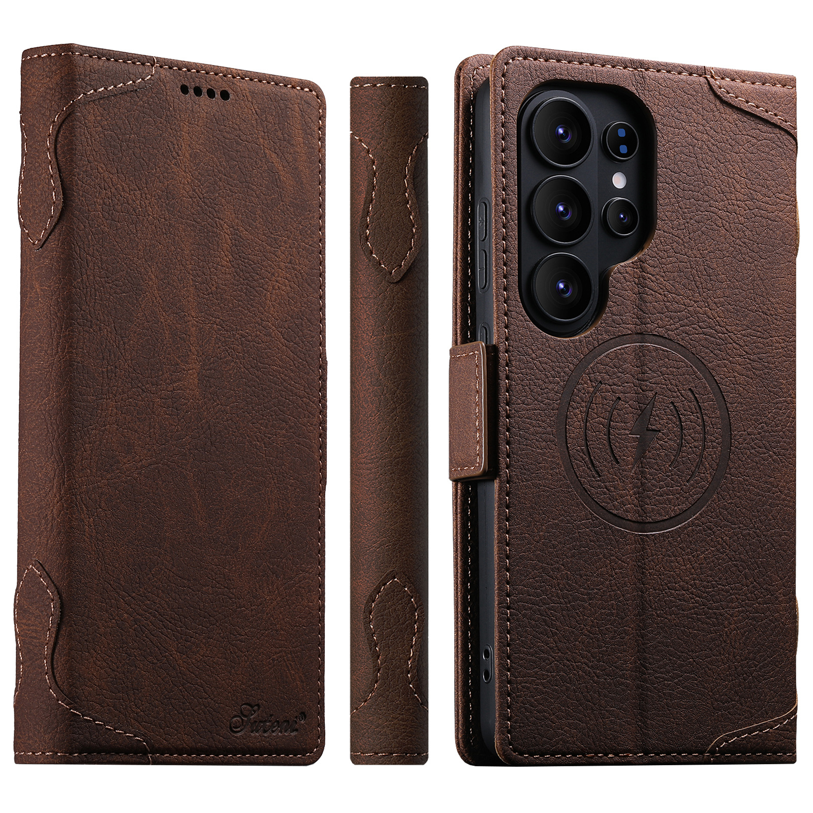 SUTENI J07 Wireless Charging Faux Leather Card Holder Stand Wallet Magnetic Button Flip Cover Phone Case For Samsung Galaxy S26 Ultra S25 S24 S23 S22