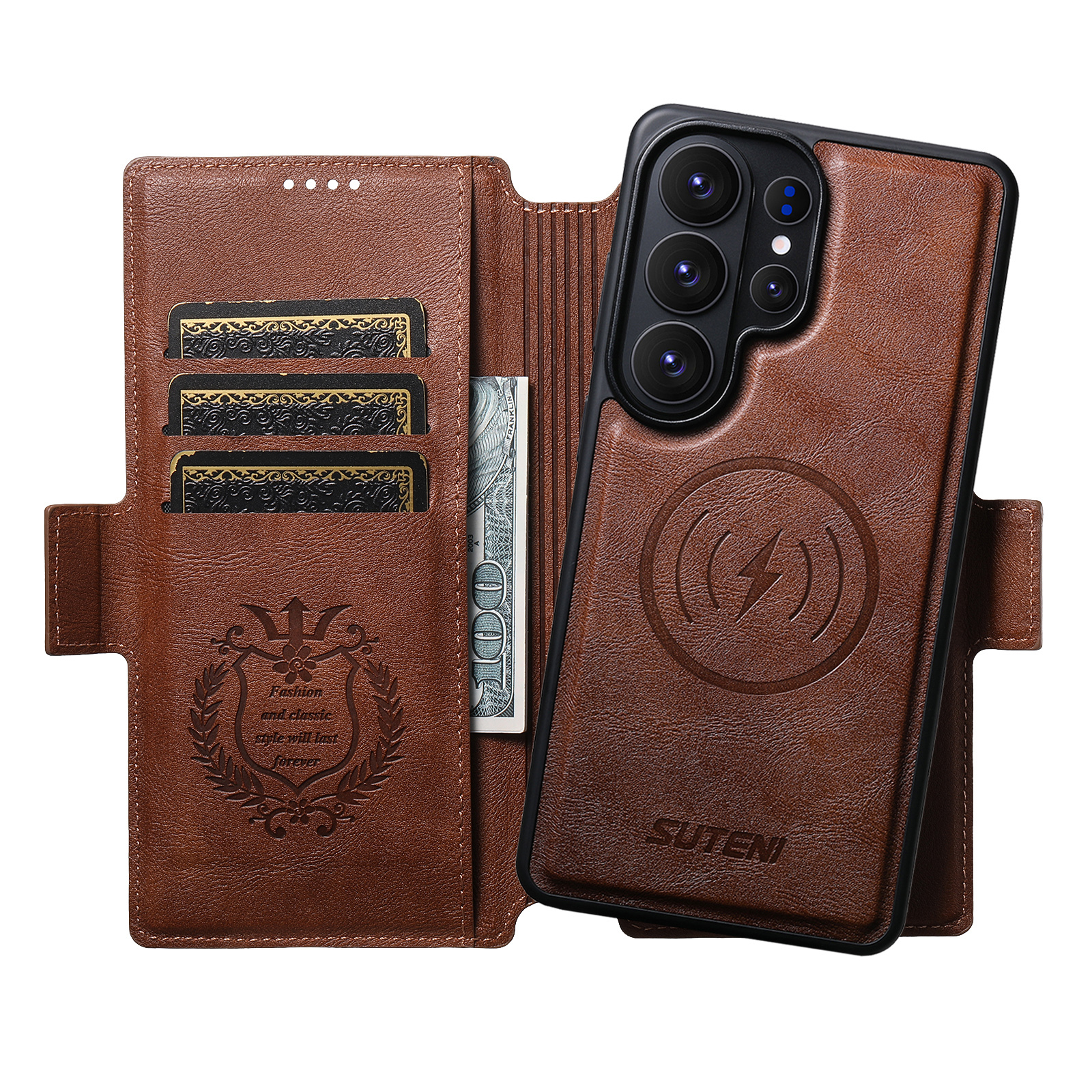 SUTENI Q06 Faux Leather Wireless Charging Card Holder Stand Wallet Magnetic Flip Cover Phone Case For Samsung Galaxy S26 Ultra S25 S24 S23 S22