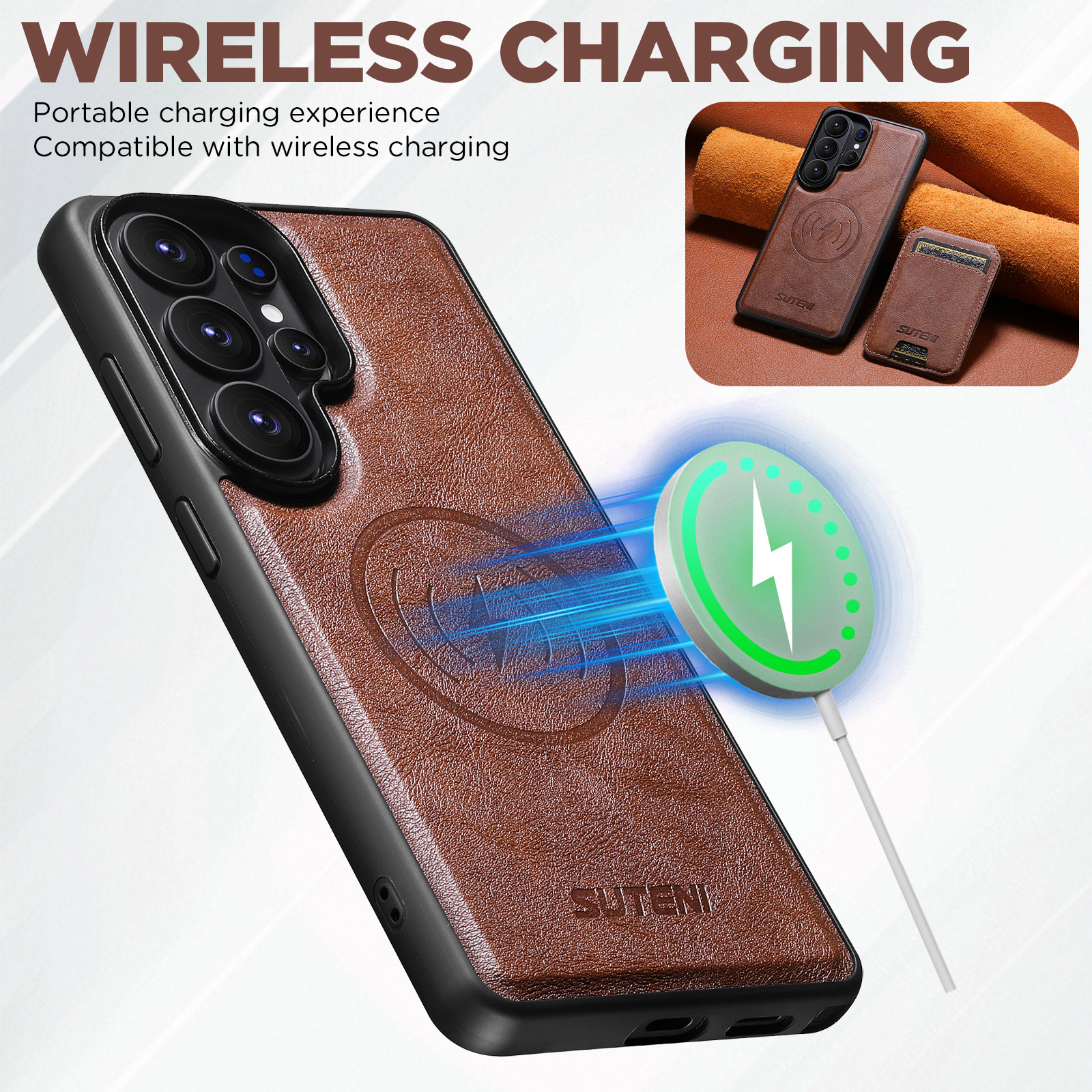 SUTENI M5 Magnet Wireless Charging Faux Leather Phone Case Card Holder Stand For Samsung Galaxy S26 Ultra S25 S24 S23 S22