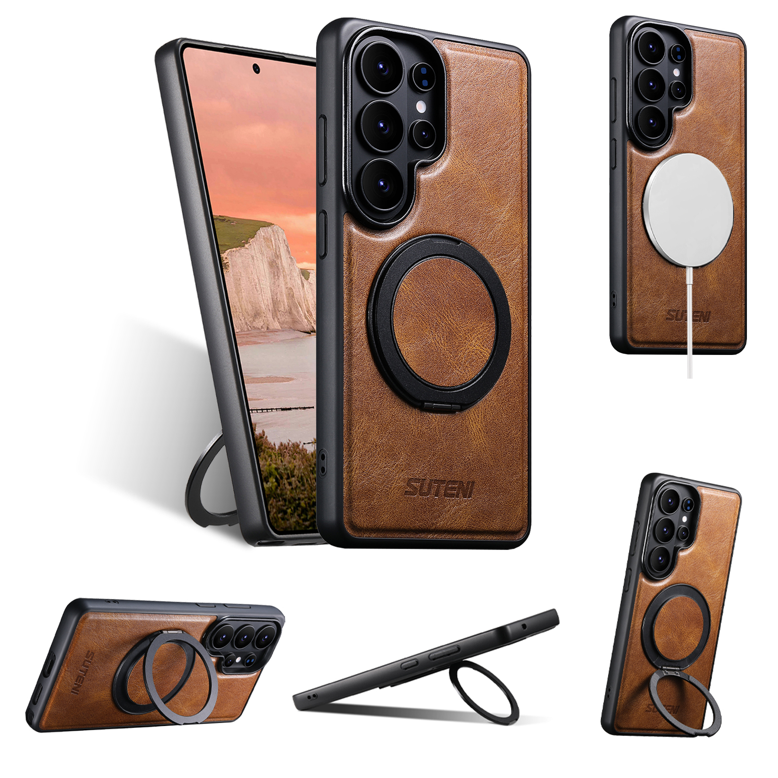 SUTENI G3YL Magnet Wireless Charging Phone Case Oil Wax Faux Leather 360° Rotating Stand Buckle For Samsung Galaxy S26 Ultra S25 S24 S23 S22