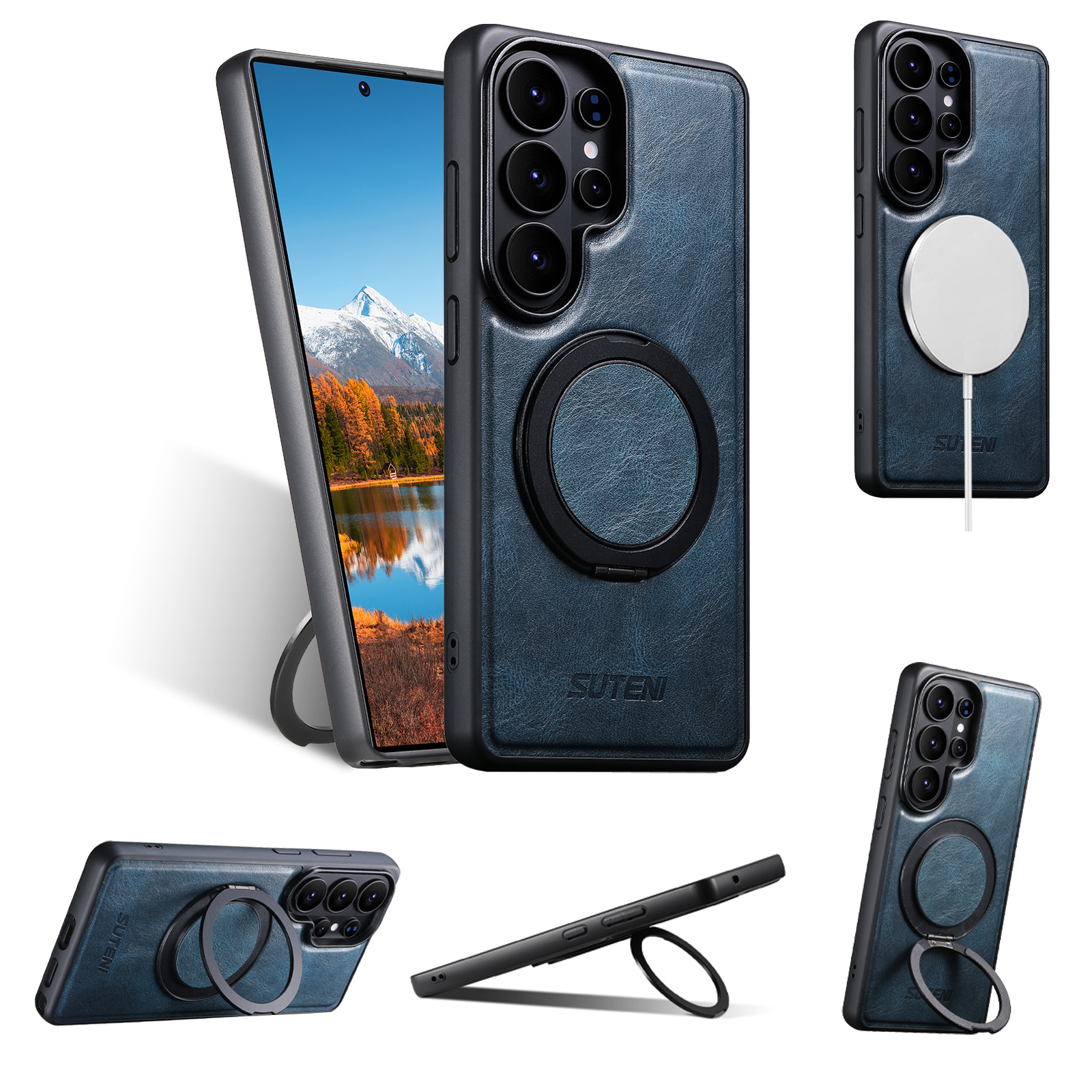 SUTENI G3YL Magnet Wireless Charging Phone Case Oil Wax Faux Leather 360° Rotating Stand Buckle For Samsung Galaxy S26 Ultra S25 S24 S23 S22