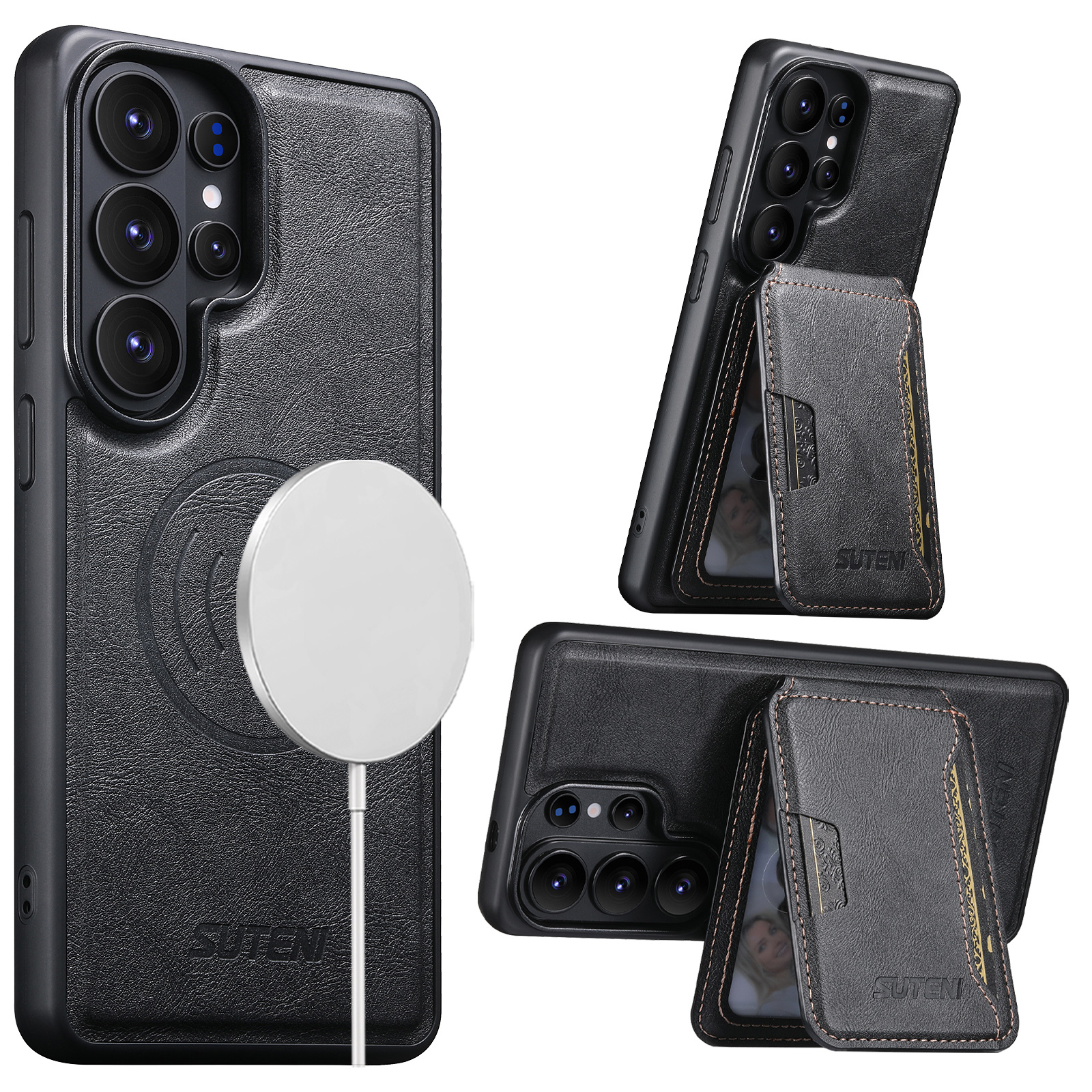 SUTENI M3 Wireless Charging Magnet Faux Leather Phone Case Card Holder Stand Smooth Surface Wallet 2-in-1 For Samsung Galaxy S26 Ultra S25 S24 S23 S22