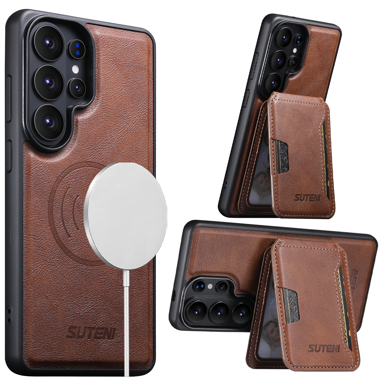 SUTENI M3 Wireless Charging Magnet Faux Leather Phone Case Card Holder Stand Smooth Surface Wallet 2-in-1 For Samsung Galaxy S26 Ultra S25 S24 S23 S22