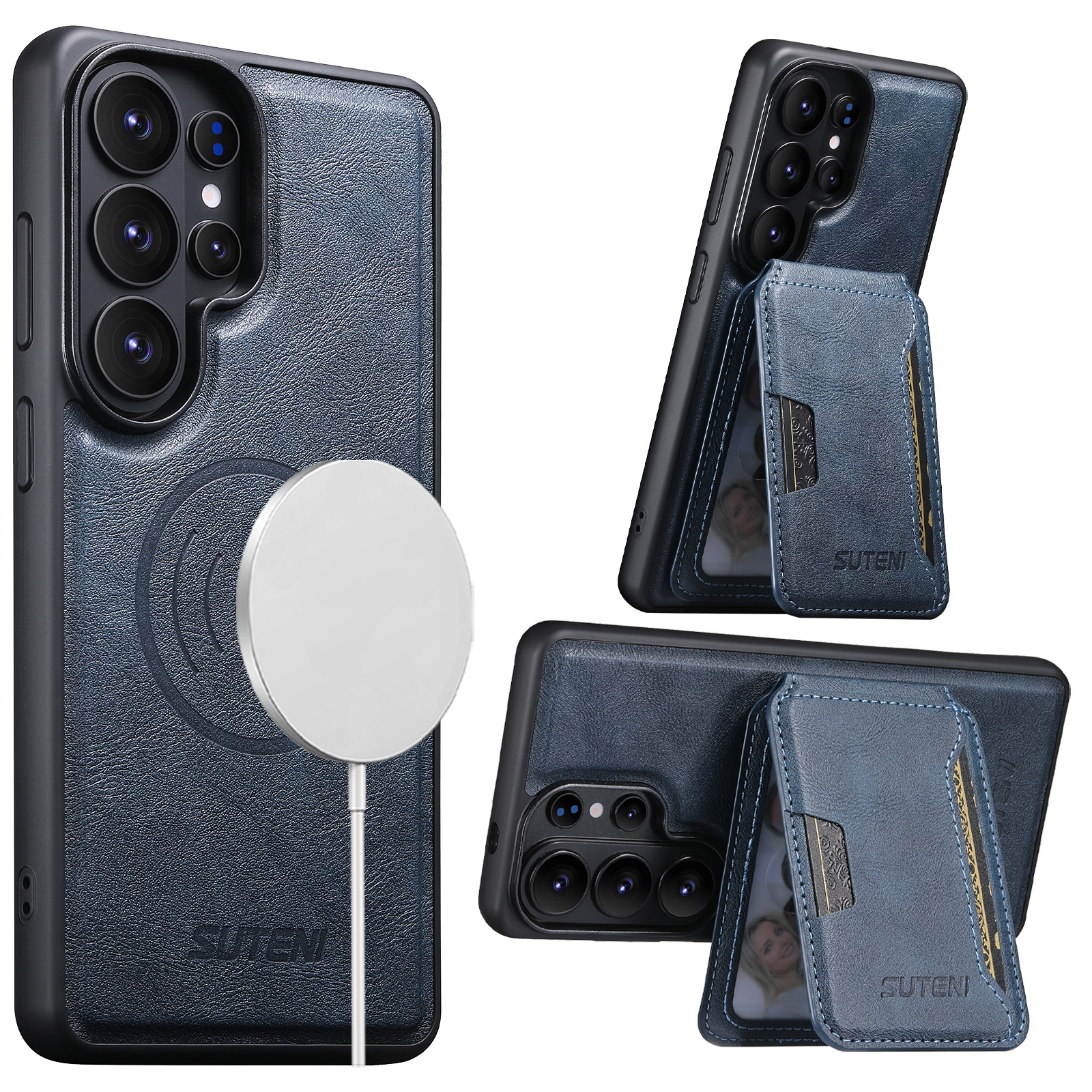 SUTENI M3 Wireless Charging Magnet Faux Leather Phone Case Card Holder Stand Smooth Surface Wallet 2-in-1 For Samsung Galaxy S26 Ultra S25 S24 S23 S22