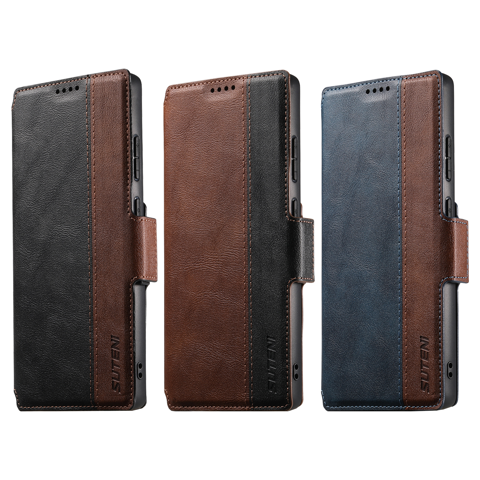SUTENI Q07 Faux Leather Wireless Charging Card Holder Stand Wallet Magnetic Flip Cover Phone Case For Samsung Galaxy S25 Ultra S24 S23 S22
