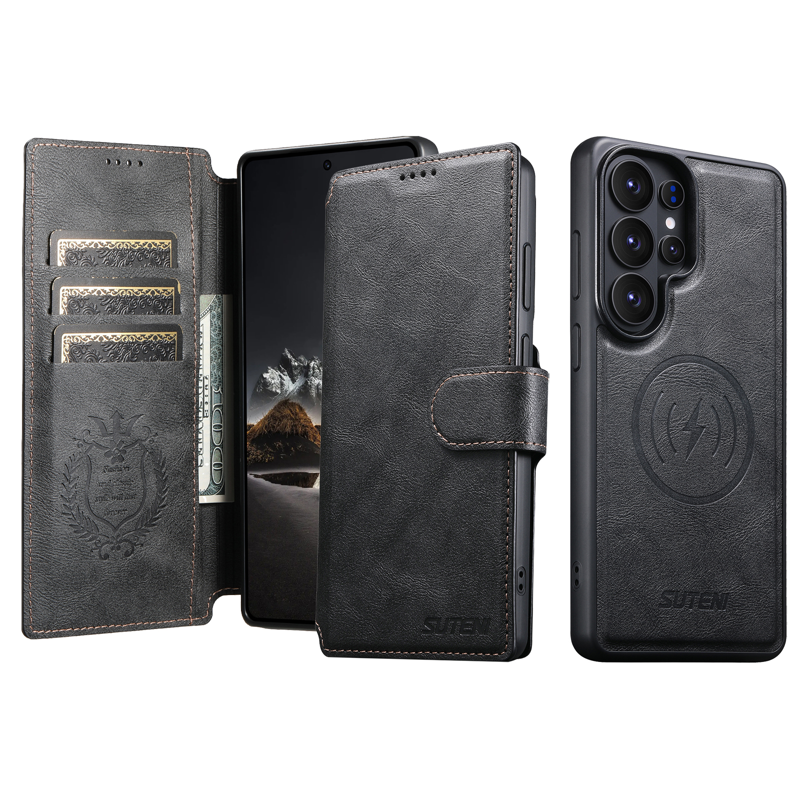 SUTENI Q05 Faux Leather Wireless Charging Card Holder Stand Wallet Magnetic Flip Cover Phone Case For Samsung Galaxy S26 Ultra S25 S24 S23 S22