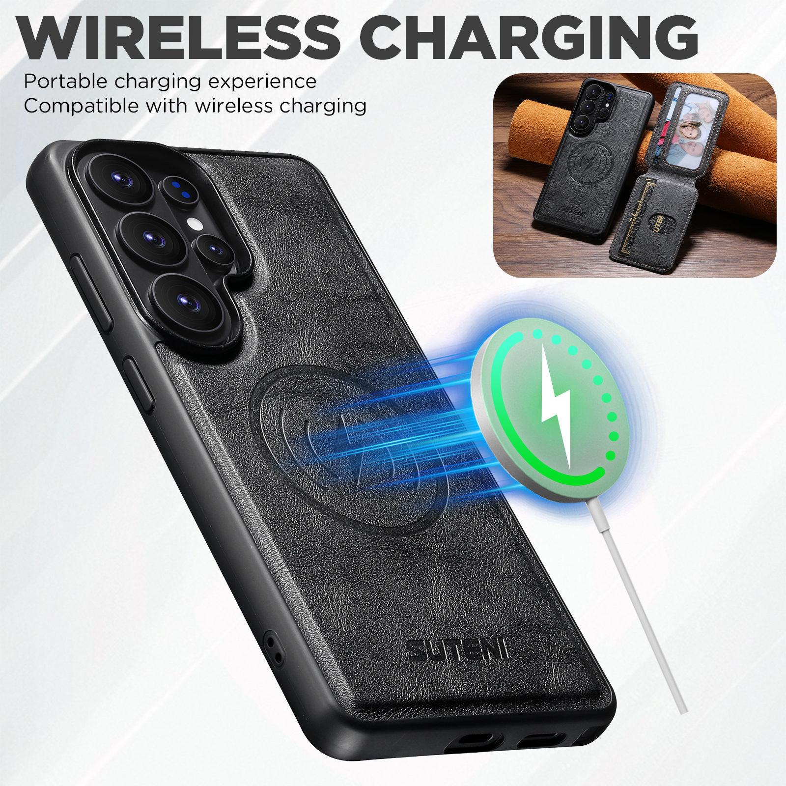 SUTENI M3 Wireless Charging Magnet Faux Leather Phone Case Card Holder Stand Smooth Surface Wallet 2-in-1 For Samsung Galaxy S26 Ultra S25 S24 S23 S22