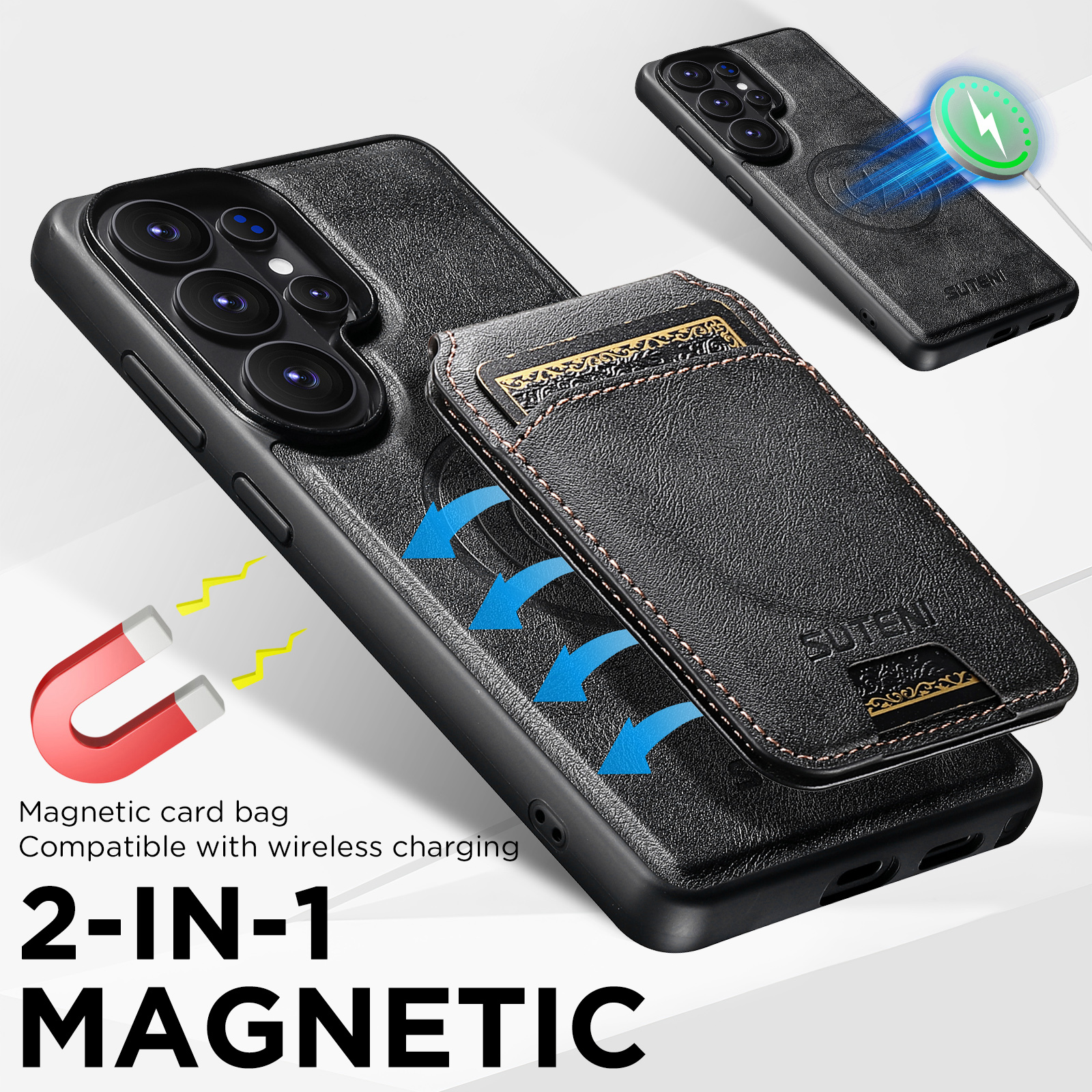 SUTENI M5 Magnet Wireless Charging Faux Leather Phone Case Card Holder Stand For Samsung Galaxy S26 Ultra S25 S24 S23 S22