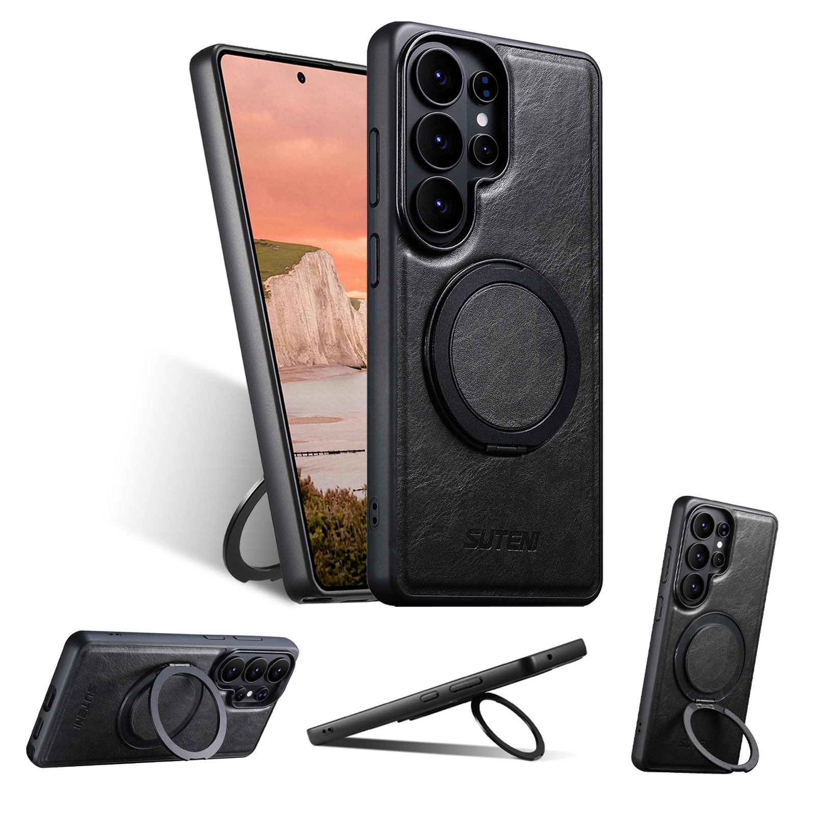 SUTENI G3YL Magnet Wireless Charging Phone Case Oil Wax Faux Leather 360° Rotating Stand Buckle For Samsung Galaxy S26 Ultra S25 S24 S23 S22
