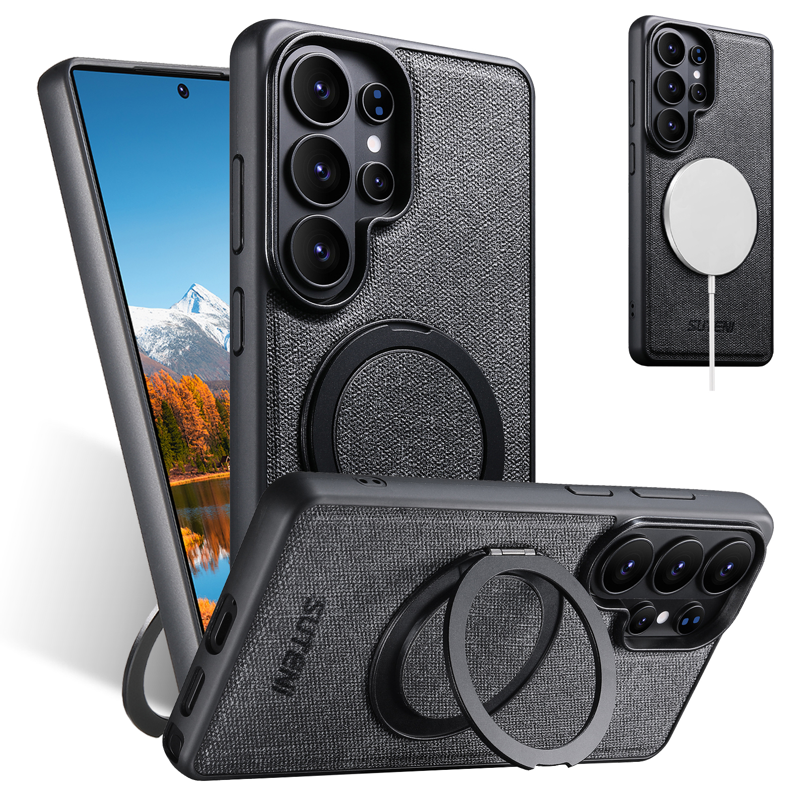 SUTENI G3NZ Magnet Wireless Charging Phone Case Faux Leather 360° Rotating Stand Ring Buckle Frosted Feel For Samsung Galaxy S26Ultra S25 S24 S23 S22