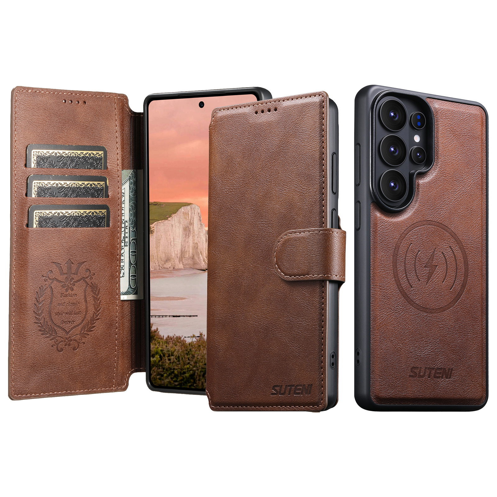 SUTENI Q05 Faux Leather Wireless Charging Card Holder Stand Wallet Magnetic Flip Cover Phone Case For Samsung Galaxy S26 Ultra S25 S24 S23 S22