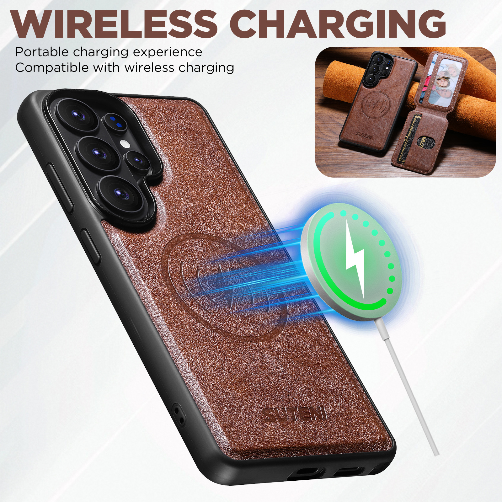 SUTENI M3 Wireless Charging Magnet Faux Leather Phone Case Card Holder Stand Smooth Surface Wallet 2-in-1 For Samsung Galaxy S26 Ultra S25 S24 S23 S22