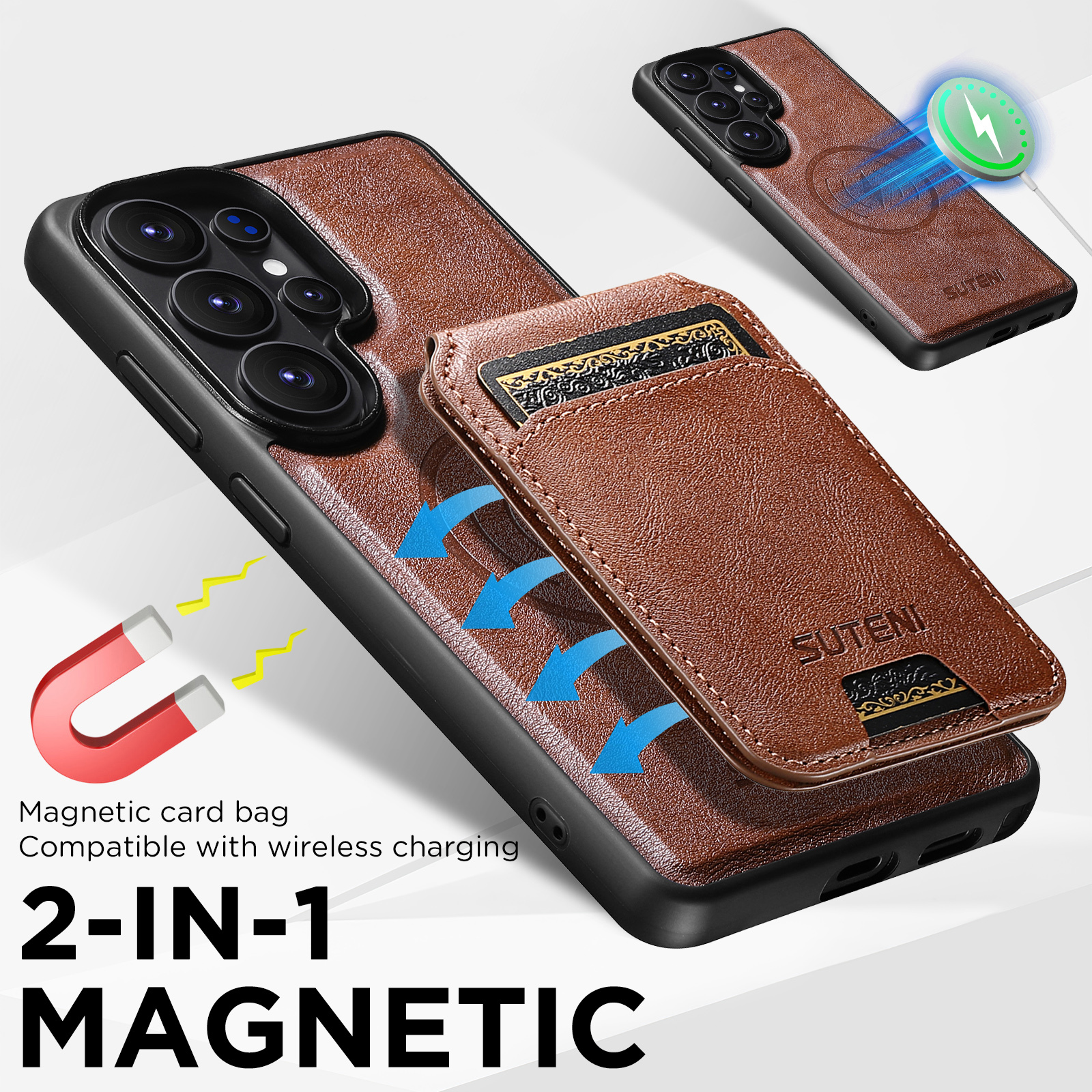 SUTENI M5 Magnet Wireless Charging Faux Leather Phone Case Card Holder Stand For Samsung Galaxy S26 Ultra S25 S24 S23 S22