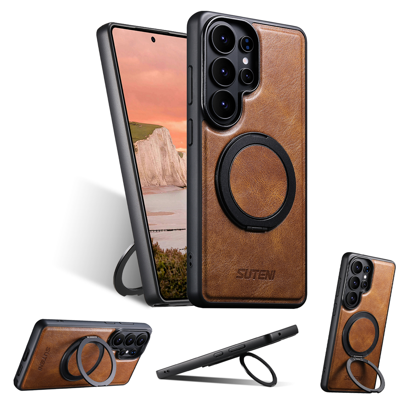 SUTENI G3YL Magnet Wireless Charging Phone Case Oil Wax Faux Leather 360° Rotating Stand Buckle For Samsung Galaxy S26 Ultra S25 S24 S23 S22