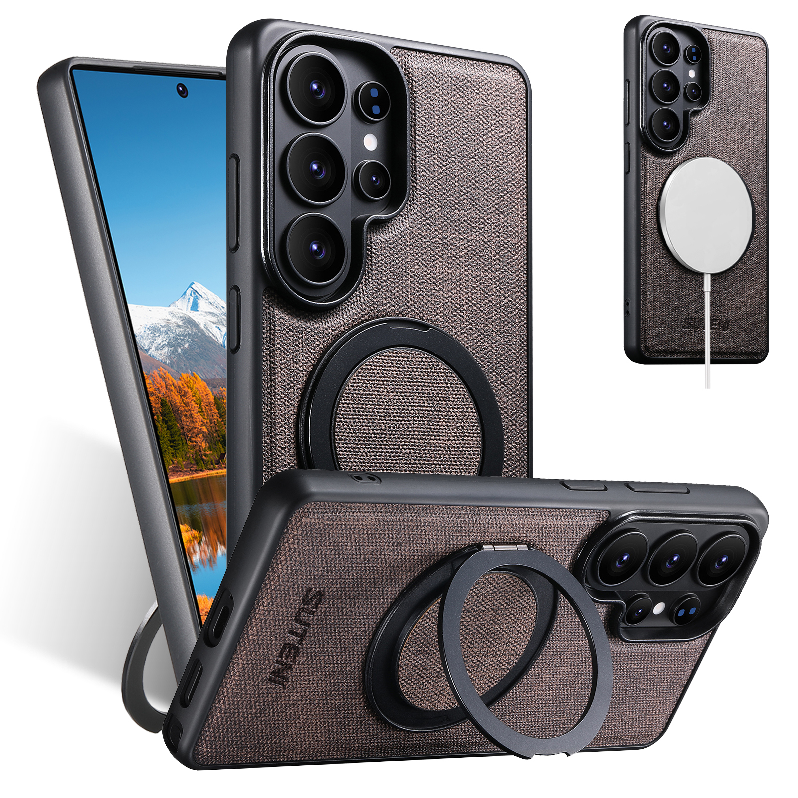SUTENI G3NZ Magnet Wireless Charging Phone Case Faux Leather 360° Rotating Stand Ring Buckle Frosted Feel For Samsung Galaxy S26Ultra S25 S24 S23 S22