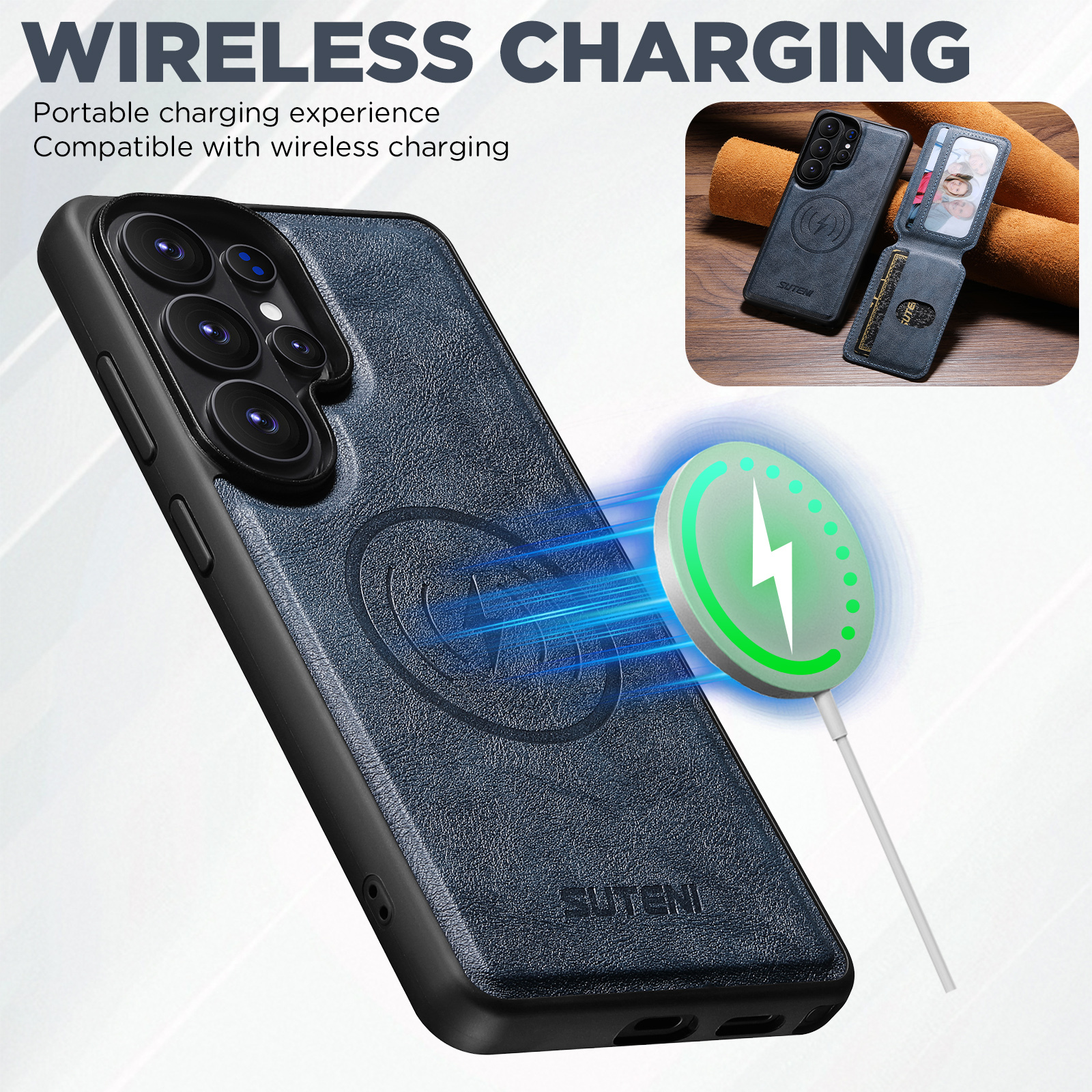 SUTENI M3 Wireless Charging Magnet Faux Leather Phone Case Card Holder Stand Smooth Surface Wallet 2-in-1 For Samsung Galaxy S26 Ultra S25 S24 S23 S22