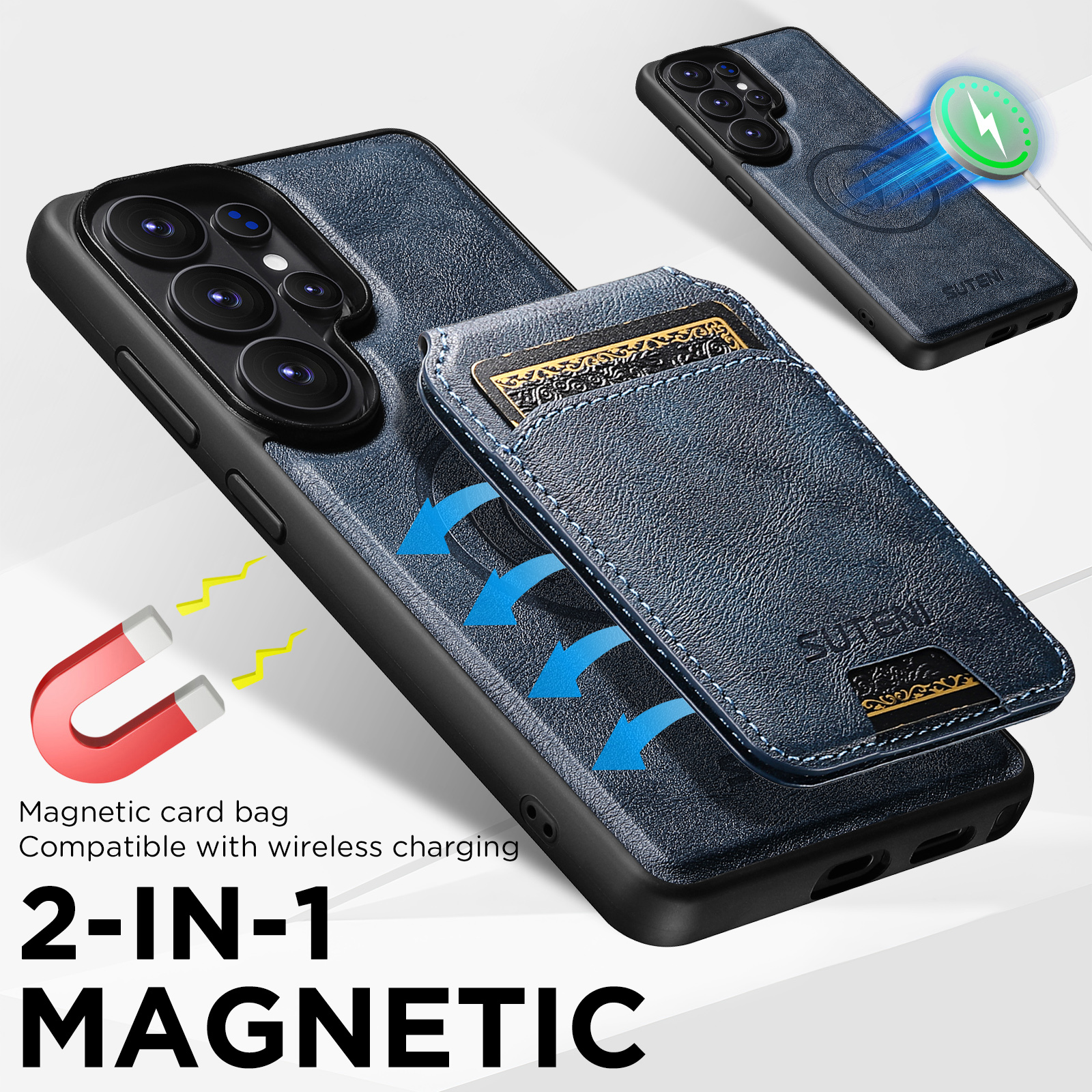 SUTENI M5 Magnet Wireless Charging Faux Leather Phone Case Card Holder Stand For Samsung Galaxy S26 Ultra S25 S24 S23 S22