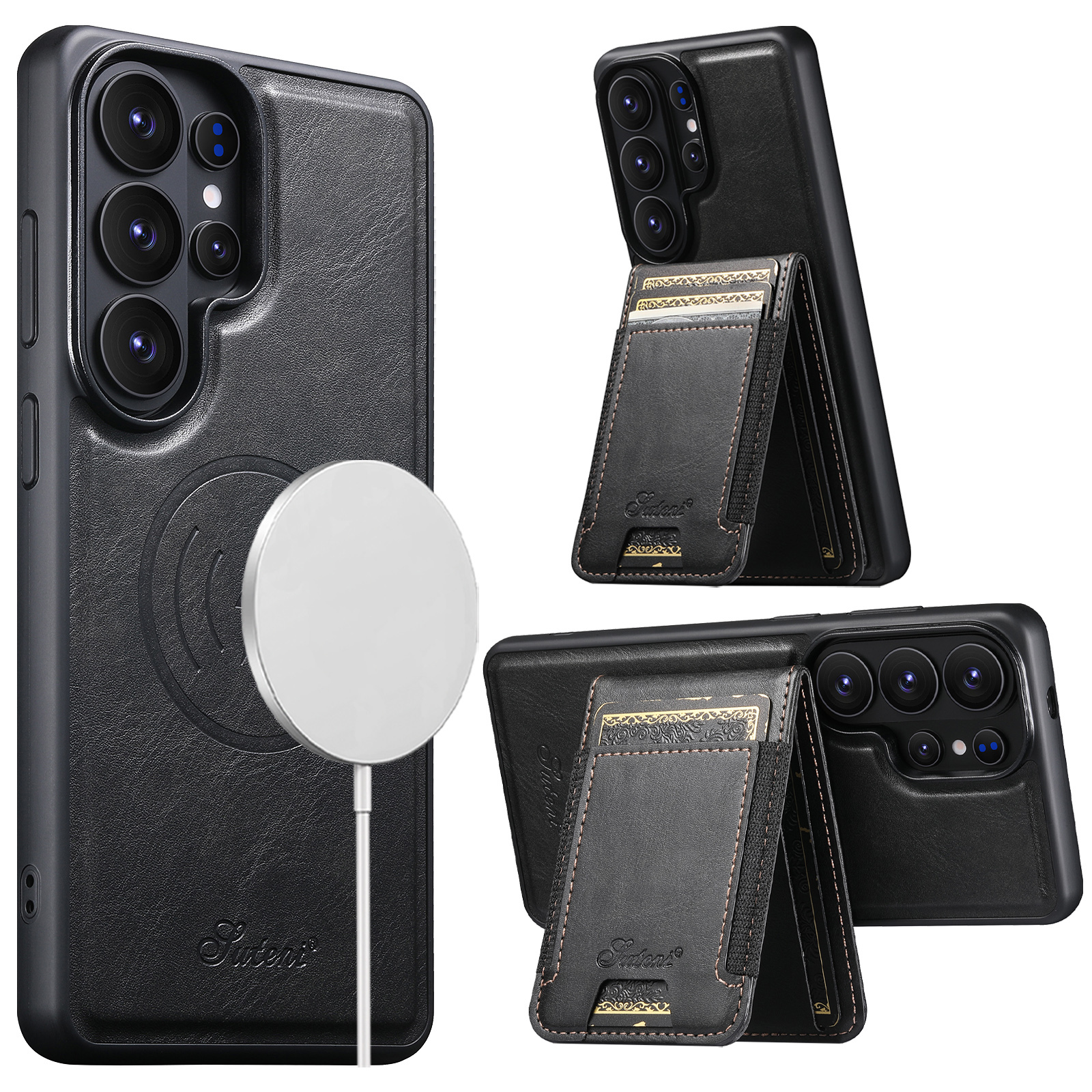 SUTENI H17YL Faux Leather Phone Case Magnet Wireless Charging Card Holder Stand For Samsung Galaxy S26 Ultra S25 Plus S24 S23 S22 Note20