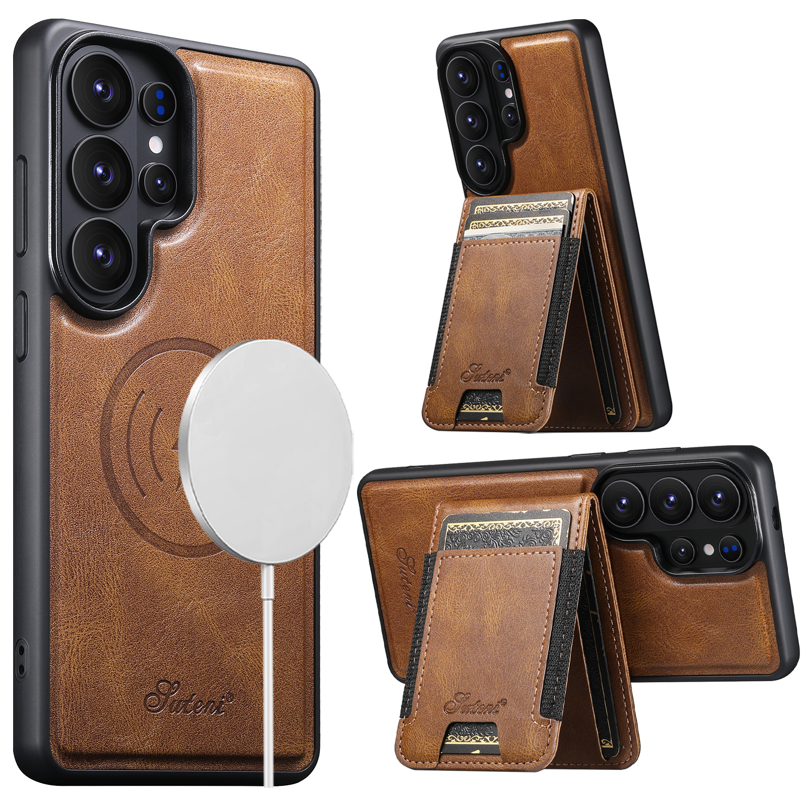 SUTENI H17YL Faux Leather Phone Case Magnet Wireless Charging Card Holder Stand For Samsung Galaxy S26 Ultra S25 Plus S24 S23 S22 Note20