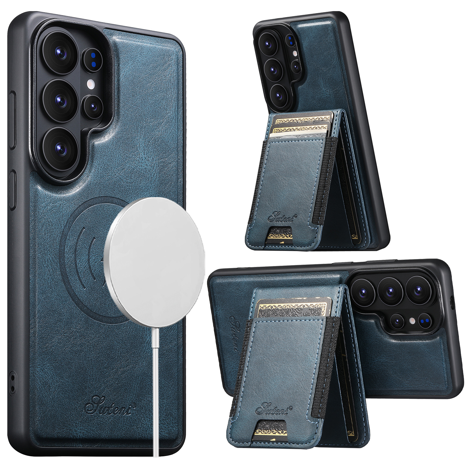 SUTENI H17YL Faux Leather Phone Case Magnet Wireless Charging Card Holder Stand For Samsung Galaxy S26 Ultra S25 Plus S24 S23 S22 Note20