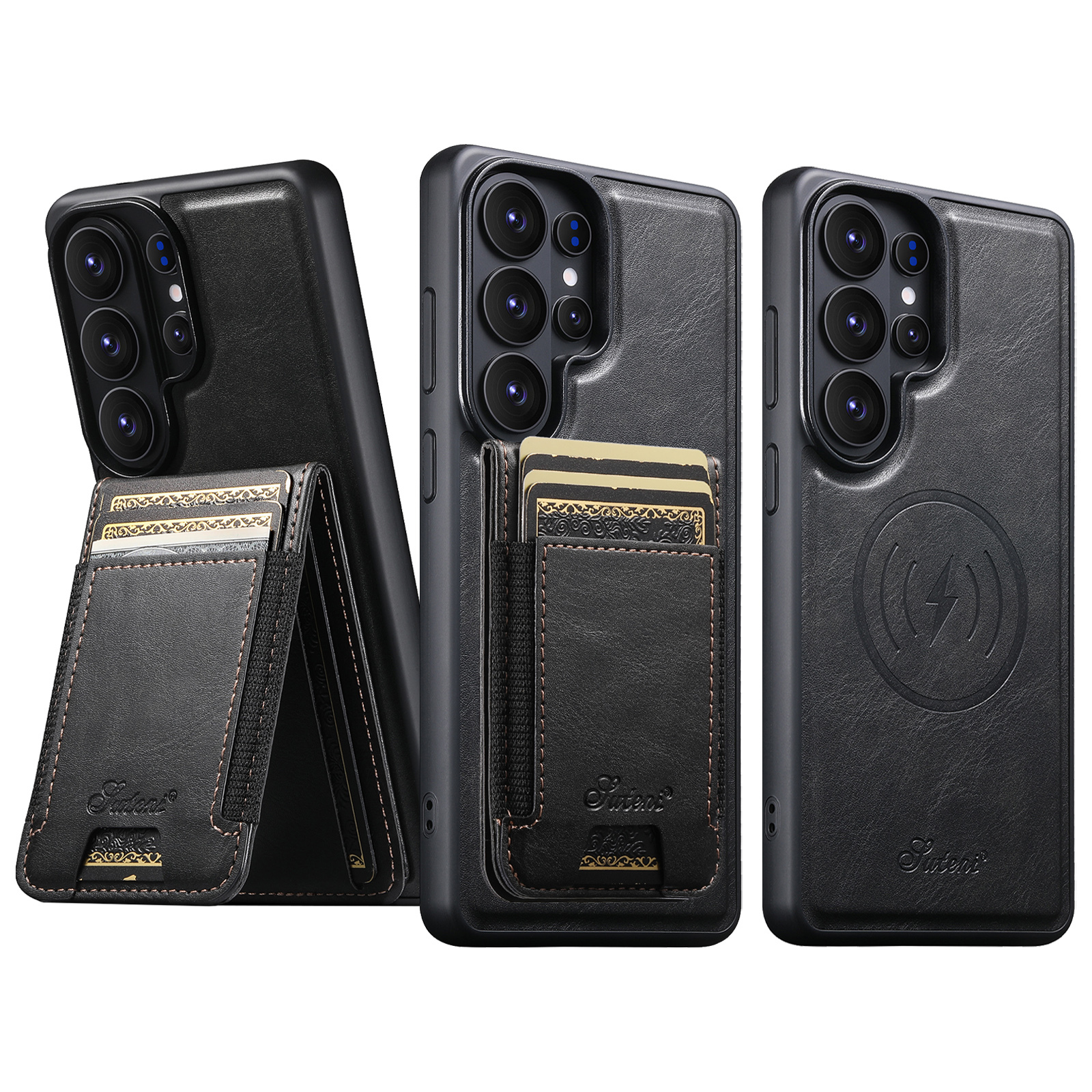 SUTENI H17YL Faux Leather Phone Case Magnet Wireless Charging Card Holder Stand For Samsung Galaxy S26 Ultra S25 Plus S24 S23 S22 Note20