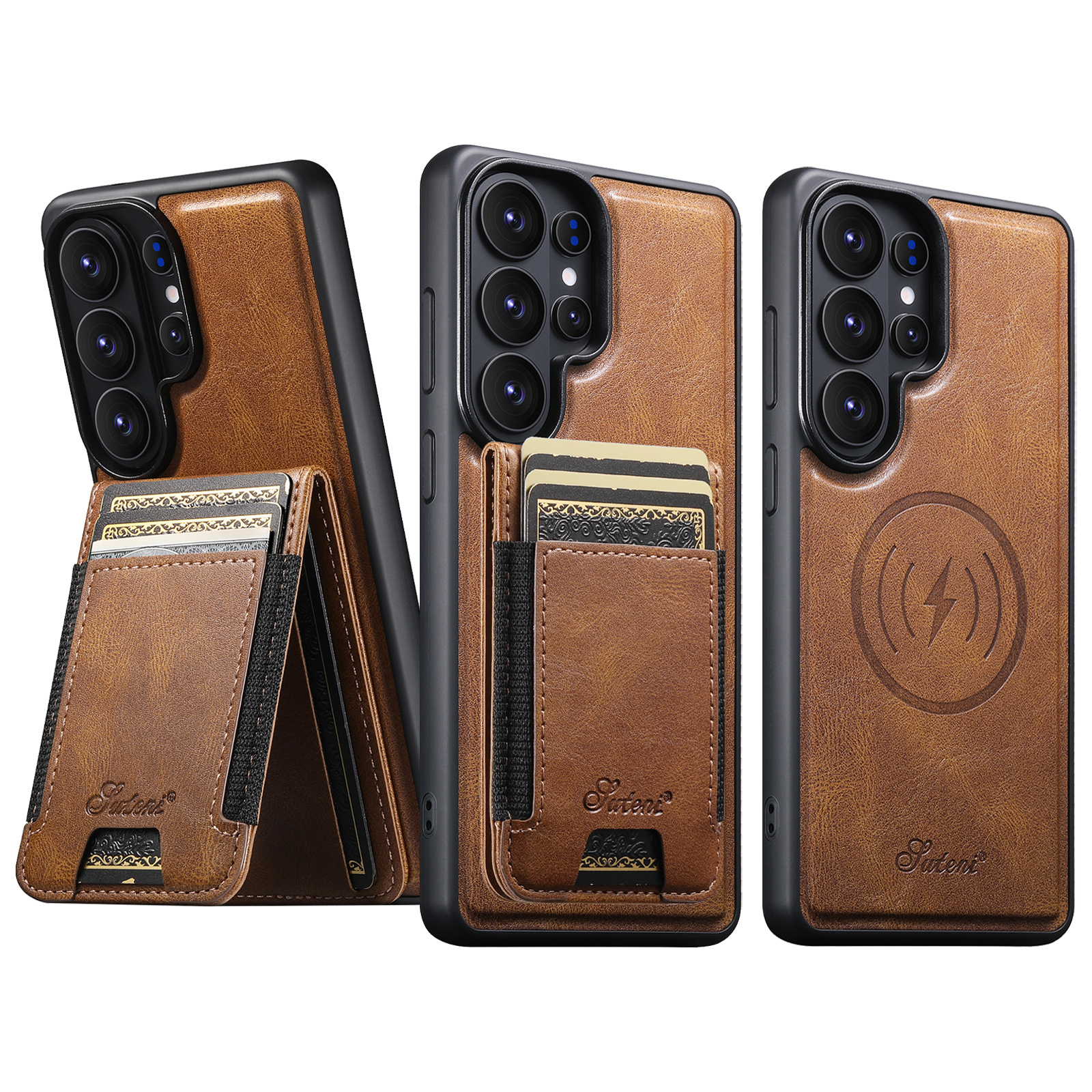 SUTENI H17YL Faux Leather Phone Case Magnet Wireless Charging Card Holder Stand For Samsung Galaxy S26 Ultra S25 Plus S24 S23 S22 Note20