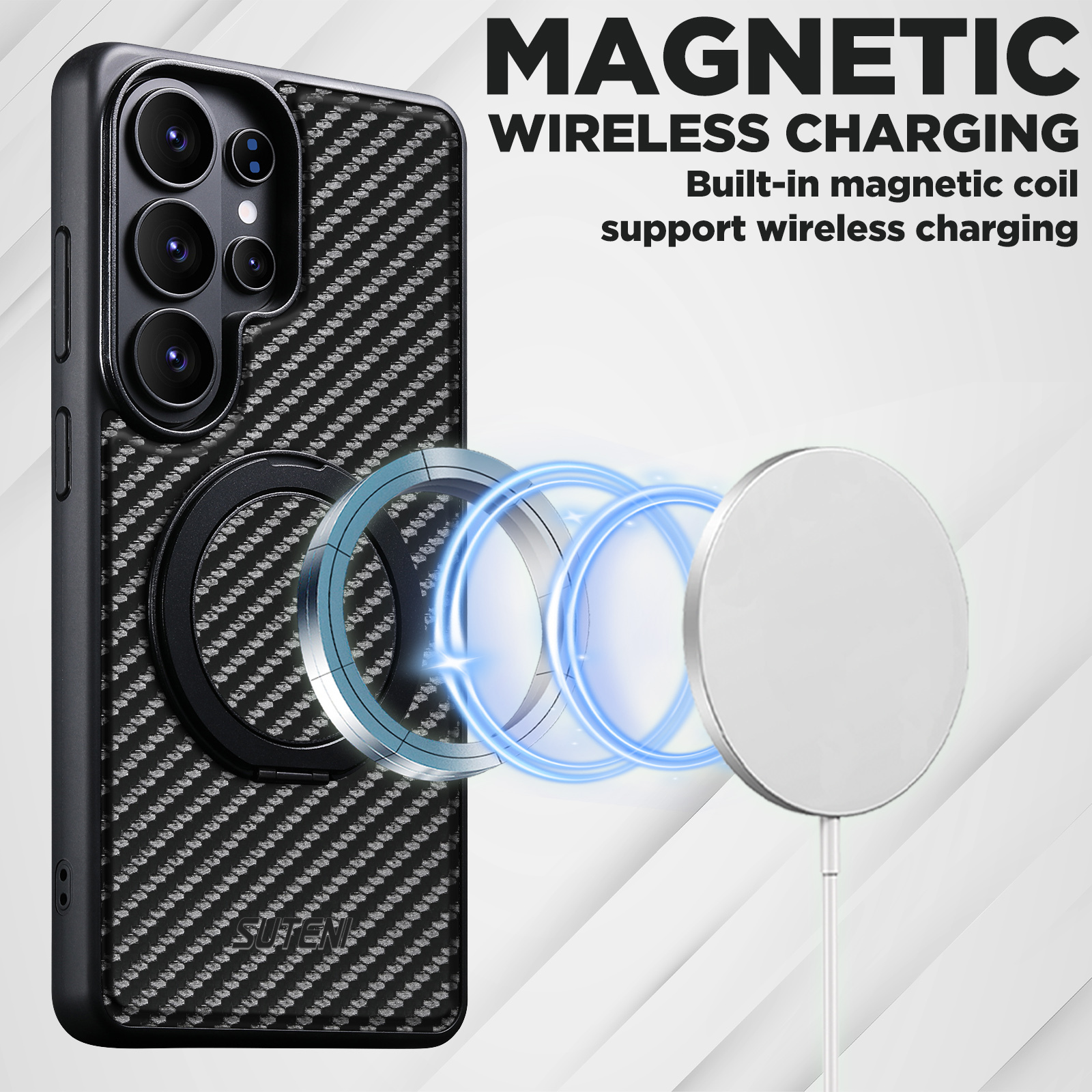 Suteni G3TXW Mobile Phone Case Magnet Wireless Charging 360° Rotating Stand Faux Leather Ring Buckle For Samsung Galaxy S26 Ultra S25 S24 S23 S22