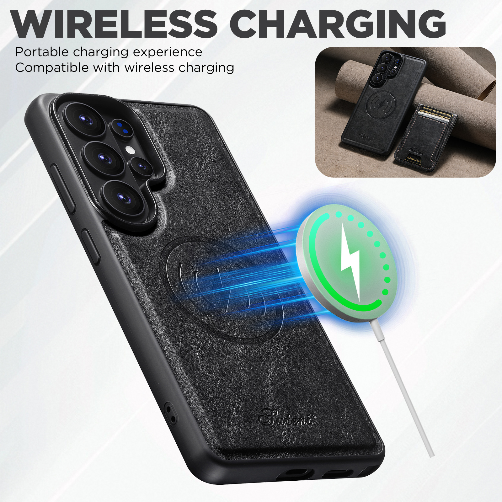 SUTENI H17YL Faux Leather Phone Case Magnet Wireless Charging Card Holder Stand For Samsung Galaxy S26 Ultra S25 Plus S24 S23 S22 Note20
