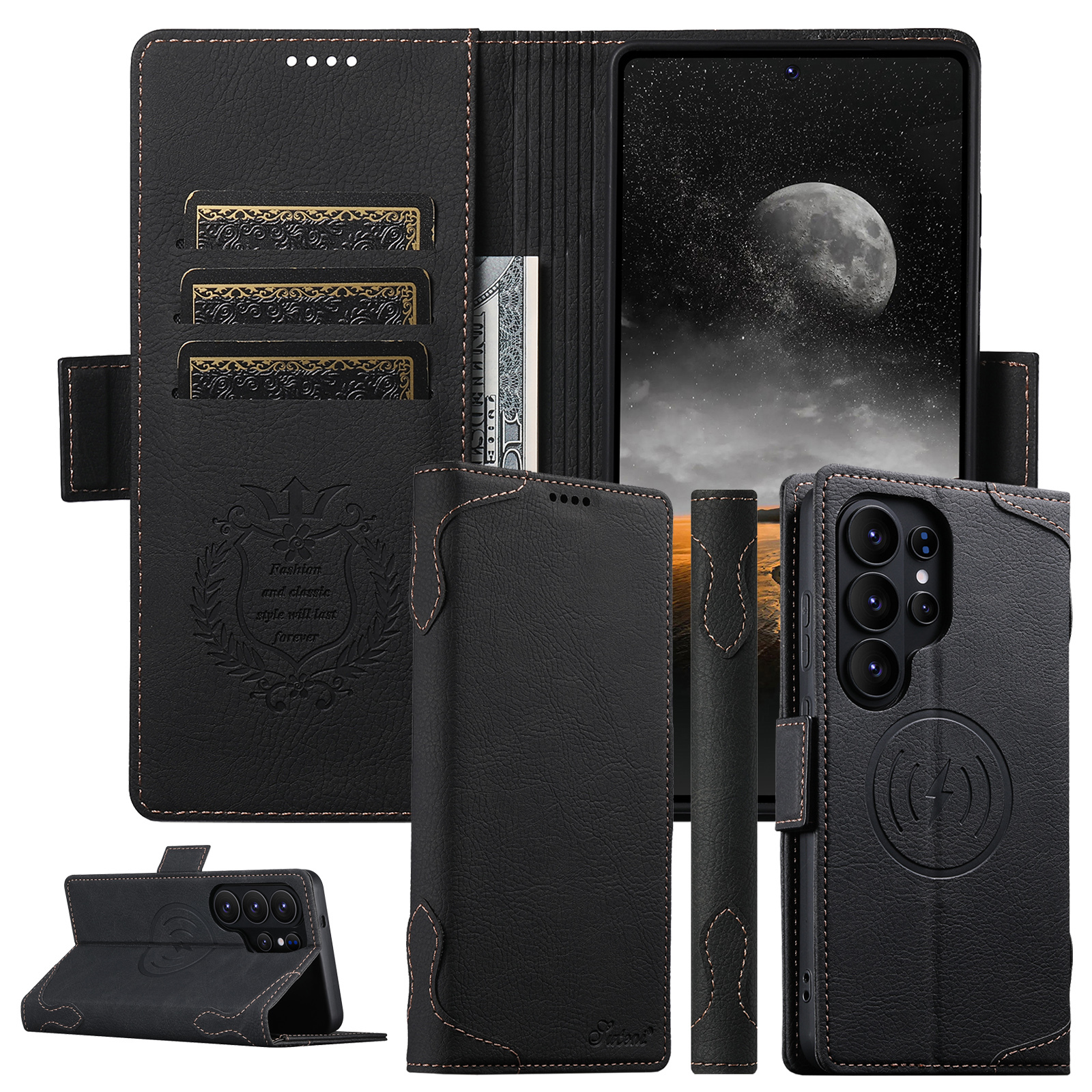 SUTENI J07 Wireless Charging Faux Leather Card Holder Stand Wallet Magnetic Button Flip Cover Phone Case For Samsung Galaxy S26 Ultra S25 S24 S23 S22