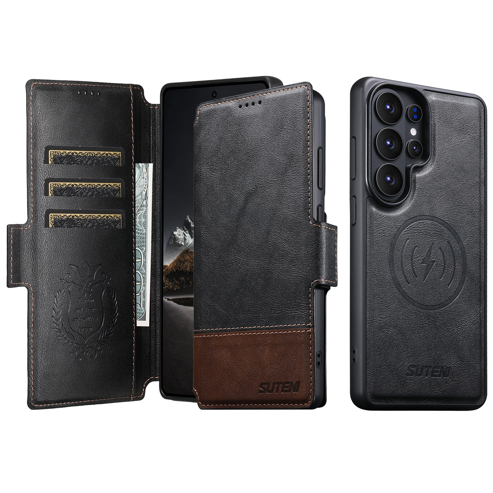 SUTENI Q06 Faux Leather Wireless Charging Card Holder Stand Wallet Magnetic Flip Cover Phone Case For Samsung Galaxy S26 Ultra S25 S24 S23 S22
