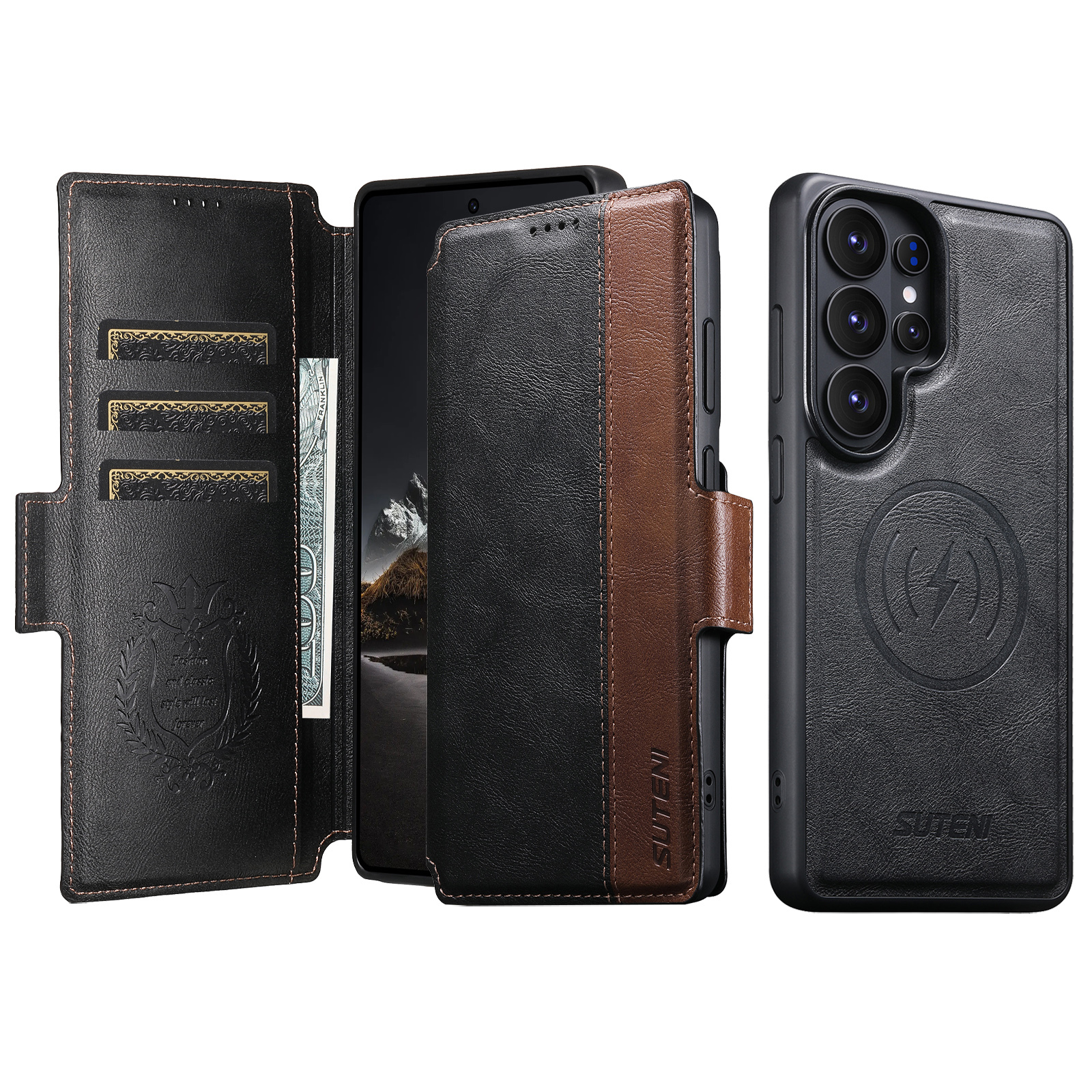 SUTENI Q07 Faux Leather Wireless Charging Card Holder Stand Wallet Magnetic Flip Cover Phone Case For Samsung Galaxy S26 Ultra S25 S24 S23 S22