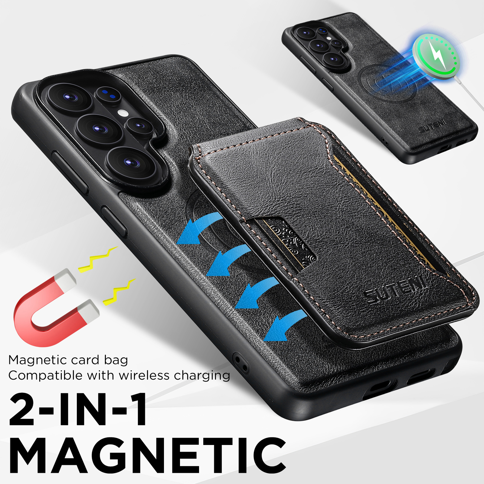 SUTENI M3 Wireless Charging Magnet Faux Leather Phone Case Card Holder Stand Smooth Surface Wallet 2-in-1 For Samsung Galaxy S26 Ultra S25 S24 S23 S22