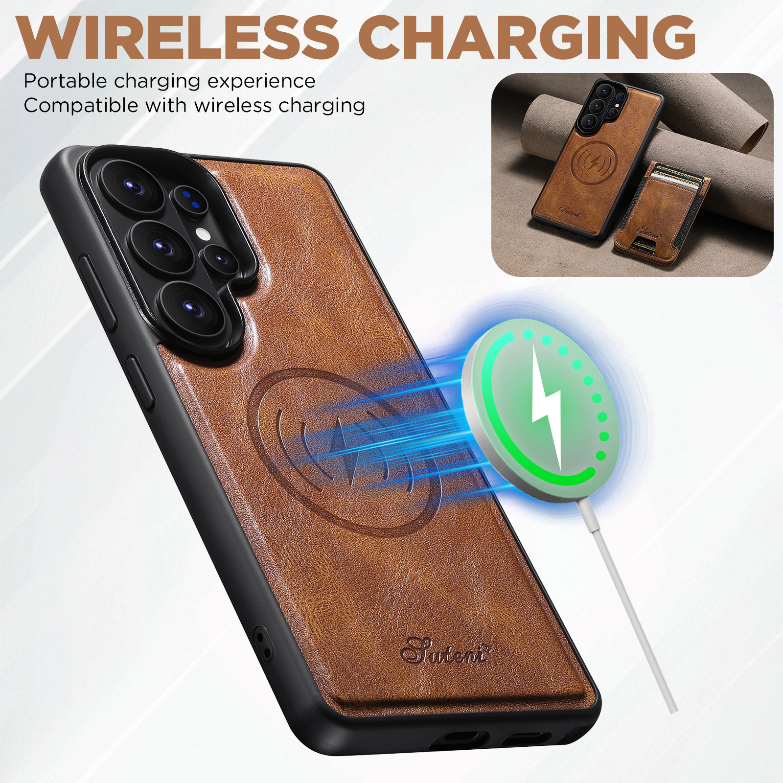 SUTENI H17YL Faux Leather Phone Case Magnet Wireless Charging Card Holder Stand For Samsung Galaxy S26 Ultra S25 Plus S24 S23 S22 Note20