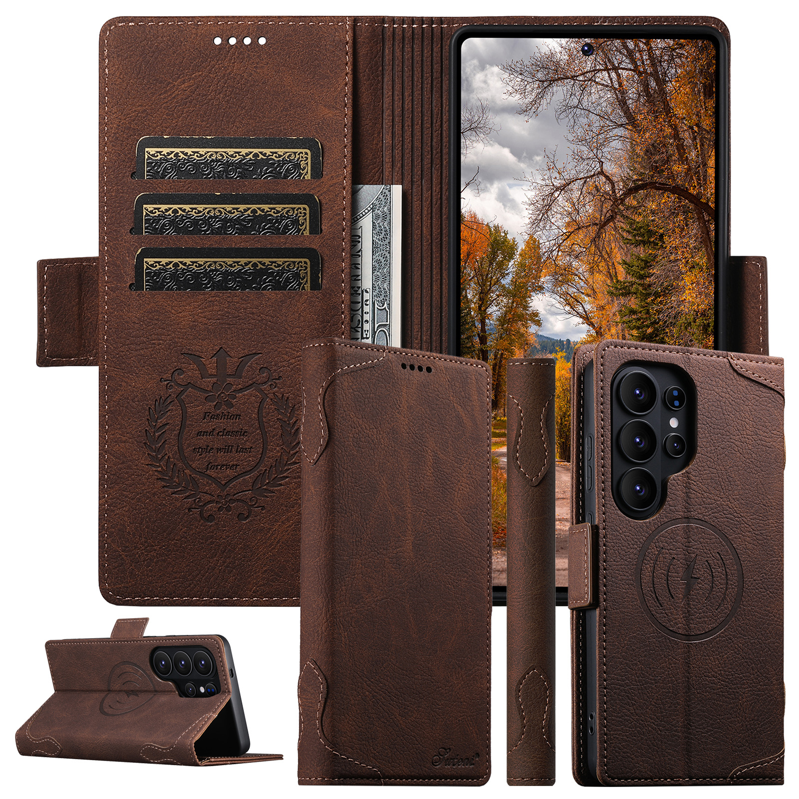 SUTENI J07 Wireless Charging Faux Leather Card Holder Stand Wallet Magnetic Button Flip Cover Phone Case For Samsung Galaxy S26 Ultra S25 S24 S23 S22