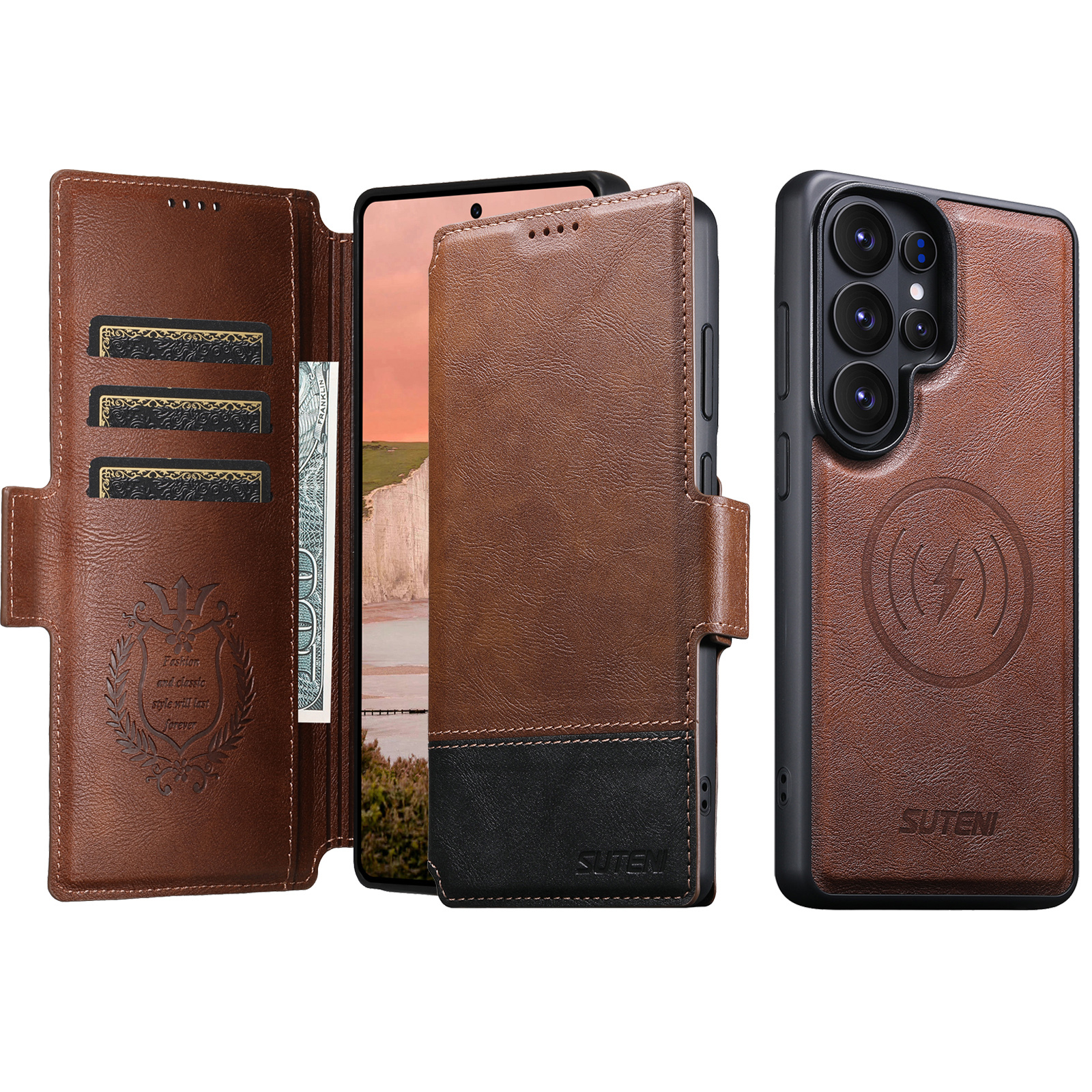 SUTENI Q06 Faux Leather Wireless Charging Card Holder Stand Wallet Magnetic Flip Cover Phone Case For Samsung Galaxy S26 Ultra S25 S24 S23 S22