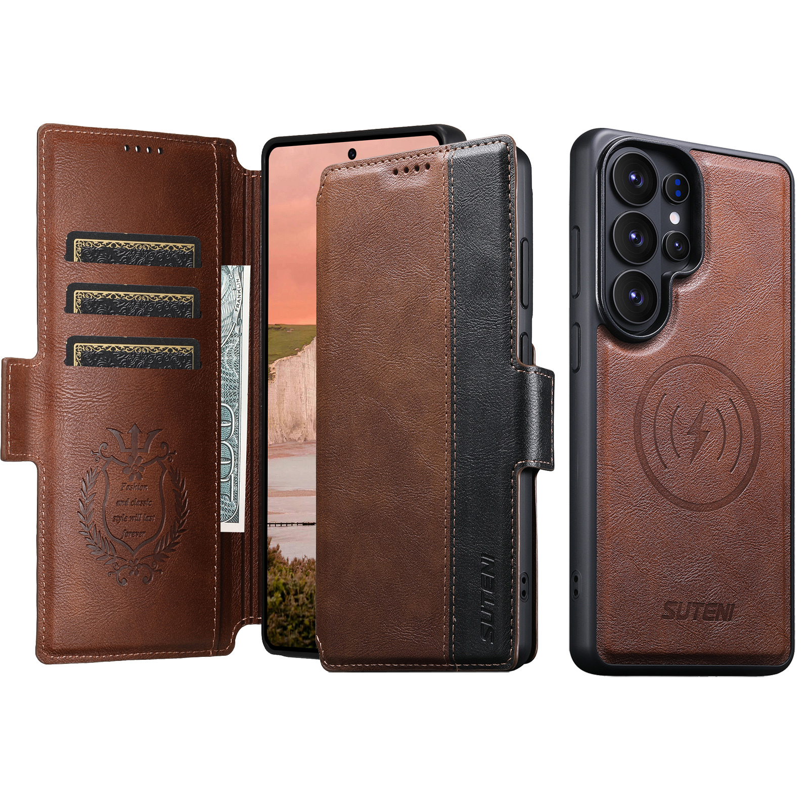 SUTENI Q07 Faux Leather Wireless Charging Card Holder Stand Wallet Magnetic Flip Cover Phone Case For Samsung Galaxy S26 Ultra S25 S24 S23 S22