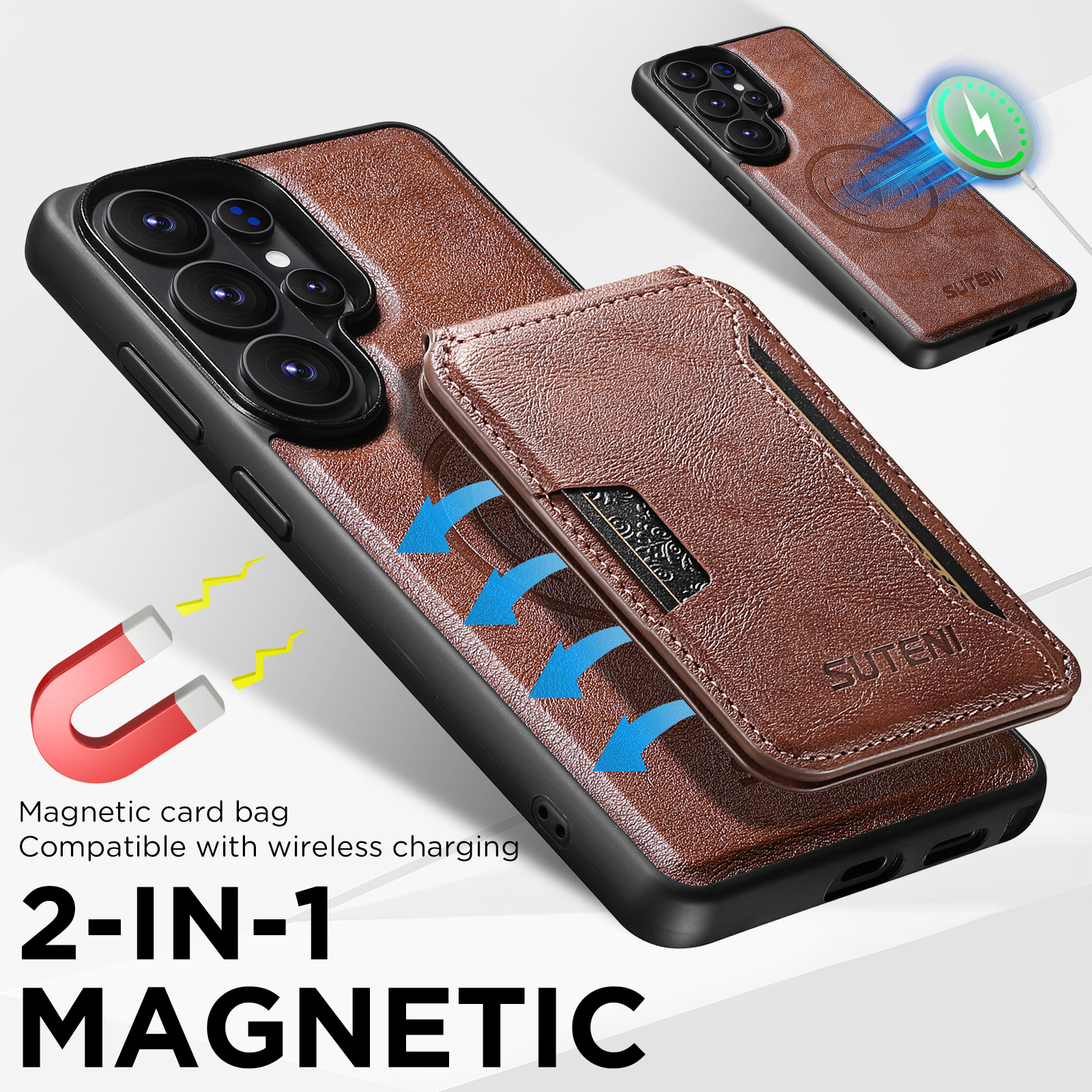 SUTENI M3 Wireless Charging Magnet Faux Leather Phone Case Card Holder Stand Smooth Surface Wallet 2-in-1 For Samsung Galaxy S26 Ultra S25 S24 S23 S22
