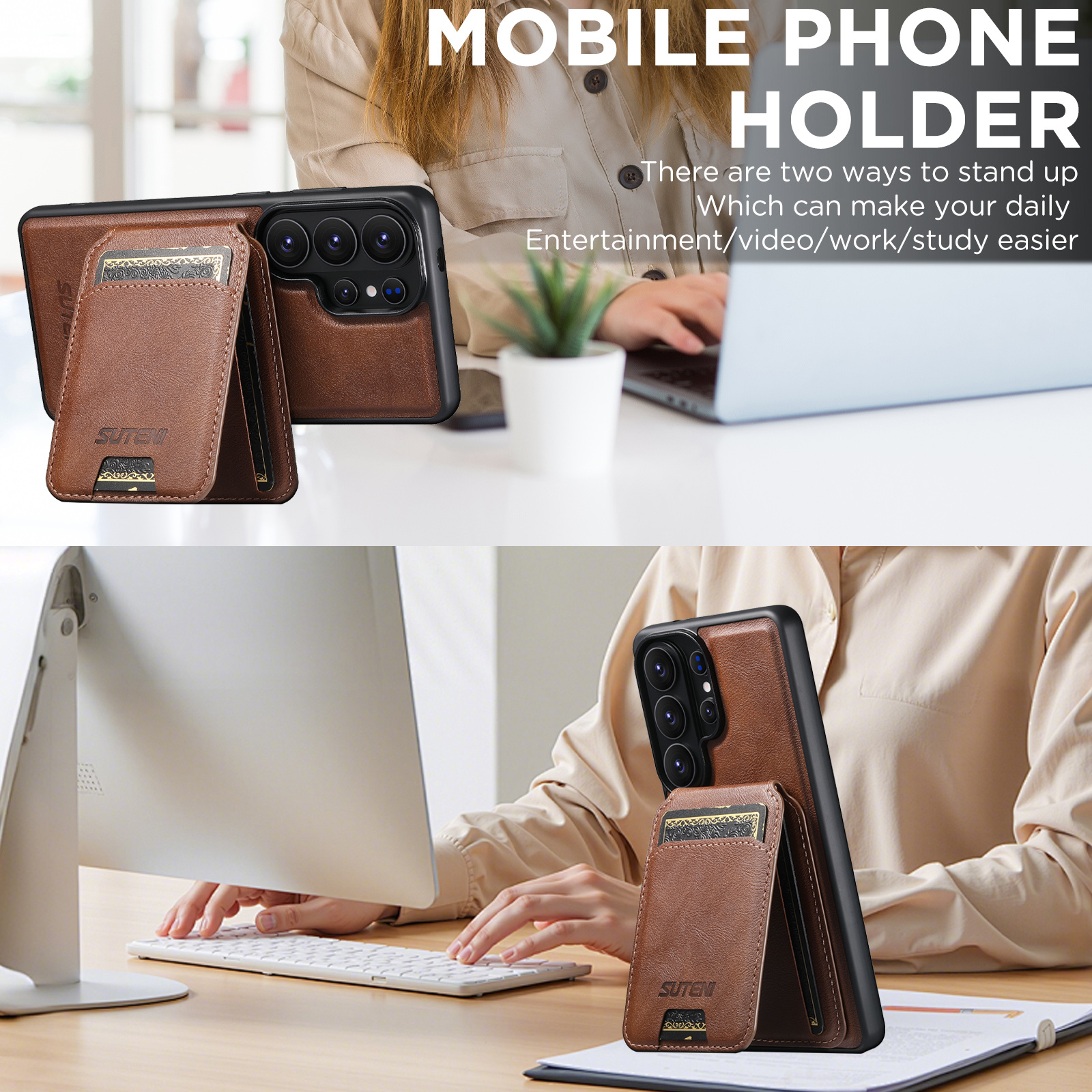 SUTENI M5 Magnet Wireless Charging Faux Leather Phone Case Card Holder Stand For Samsung Galaxy S26 Ultra S25 S24 S23 S22