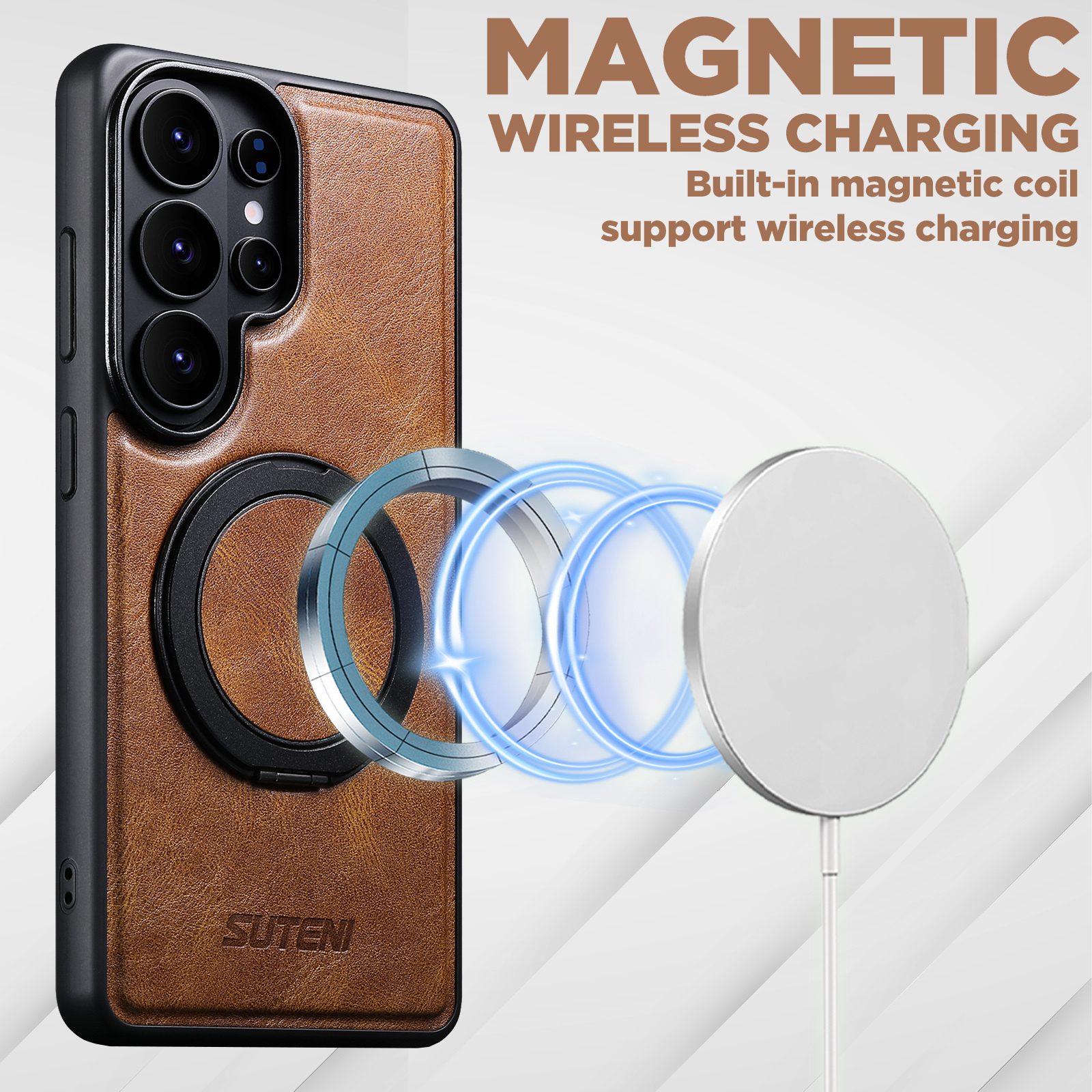 SUTENI G3YL Magnet Wireless Charging Phone Case Oil Wax Faux Leather 360° Rotating Stand Buckle For Samsung Galaxy S26 Ultra S25 S24 S23 S22