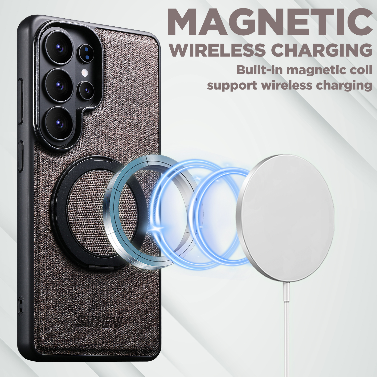 SUTENI G3NZ Magnet Wireless Charging Phone Case Faux Leather 360° Rotating Stand Ring Buckle Frosted Feel For Samsung Galaxy S26Ultra S25 S24 S23 S22