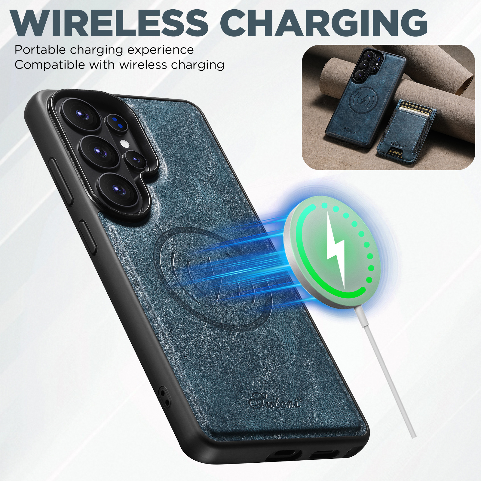 SUTENI H17YL Faux Leather Phone Case Magnet Wireless Charging Card Holder Stand For Samsung Galaxy S26 Ultra S25 Plus S24 S23 S22 Note20