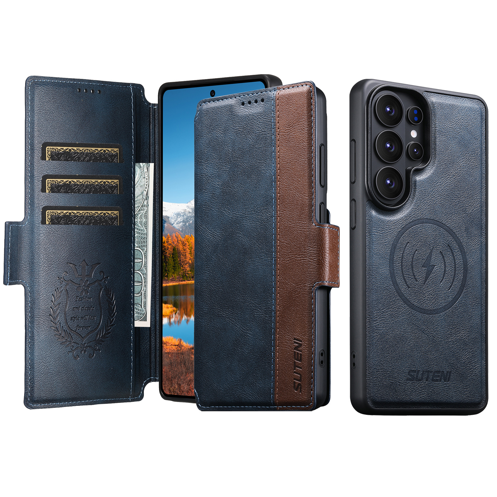 SUTENI Q07 Faux Leather Wireless Charging Card Holder Stand Wallet Magnetic Flip Cover Phone Case For Samsung Galaxy S26 Ultra S25 S24 S23 S22