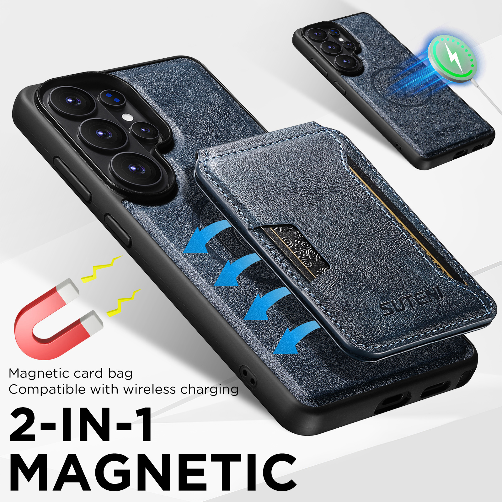 SUTENI M3 Wireless Charging Magnet Faux Leather Phone Case Card Holder Stand Smooth Surface Wallet 2-in-1 For Samsung Galaxy S26 Ultra S25 S24 S23 S22