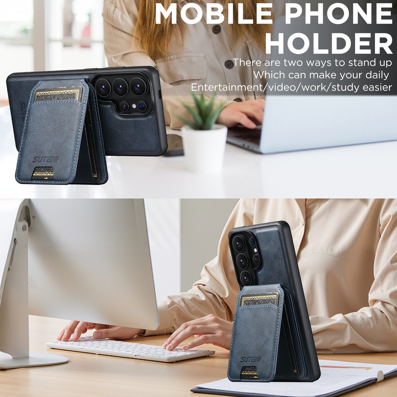 SUTENI M5 Magnet Wireless Charging Faux Leather Phone Case Card Holder Stand For Samsung Galaxy S26 Ultra S25 S24 S23 S22
